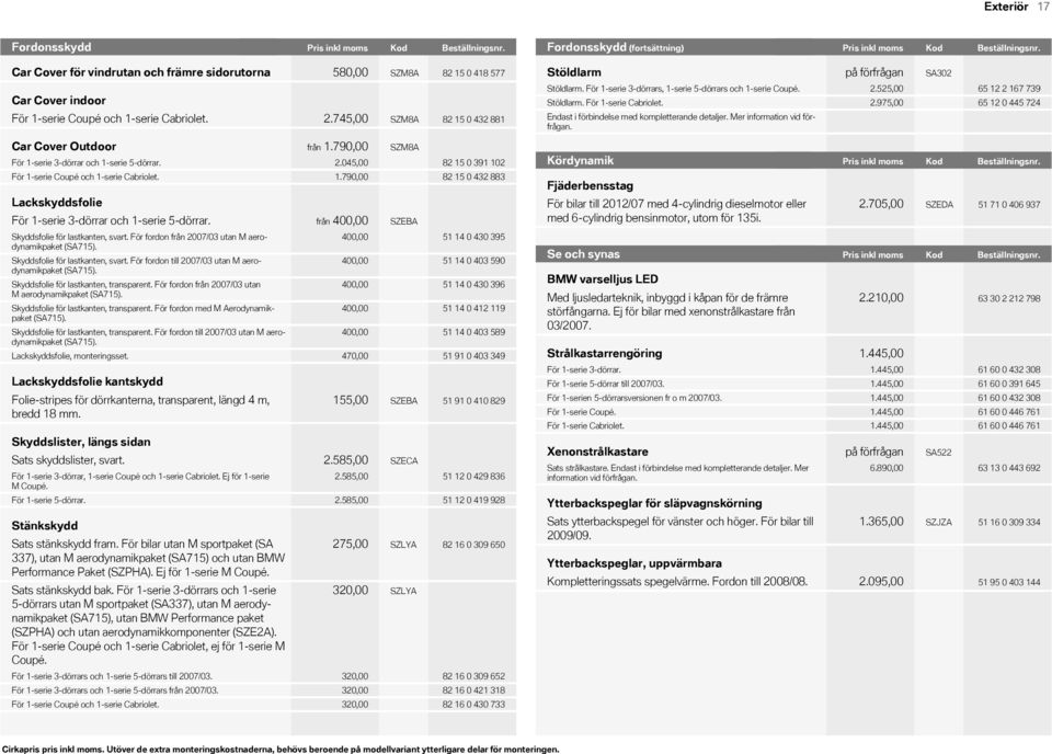 För 1-serie 3-dörrars, 1-serie 5-dörrars och 1-serie Coupé. 2.525,00 Stöldlarm. För 1-serie Cabriolet. 2.975,00 Endast i förbindelse med kompletterande detaljer.