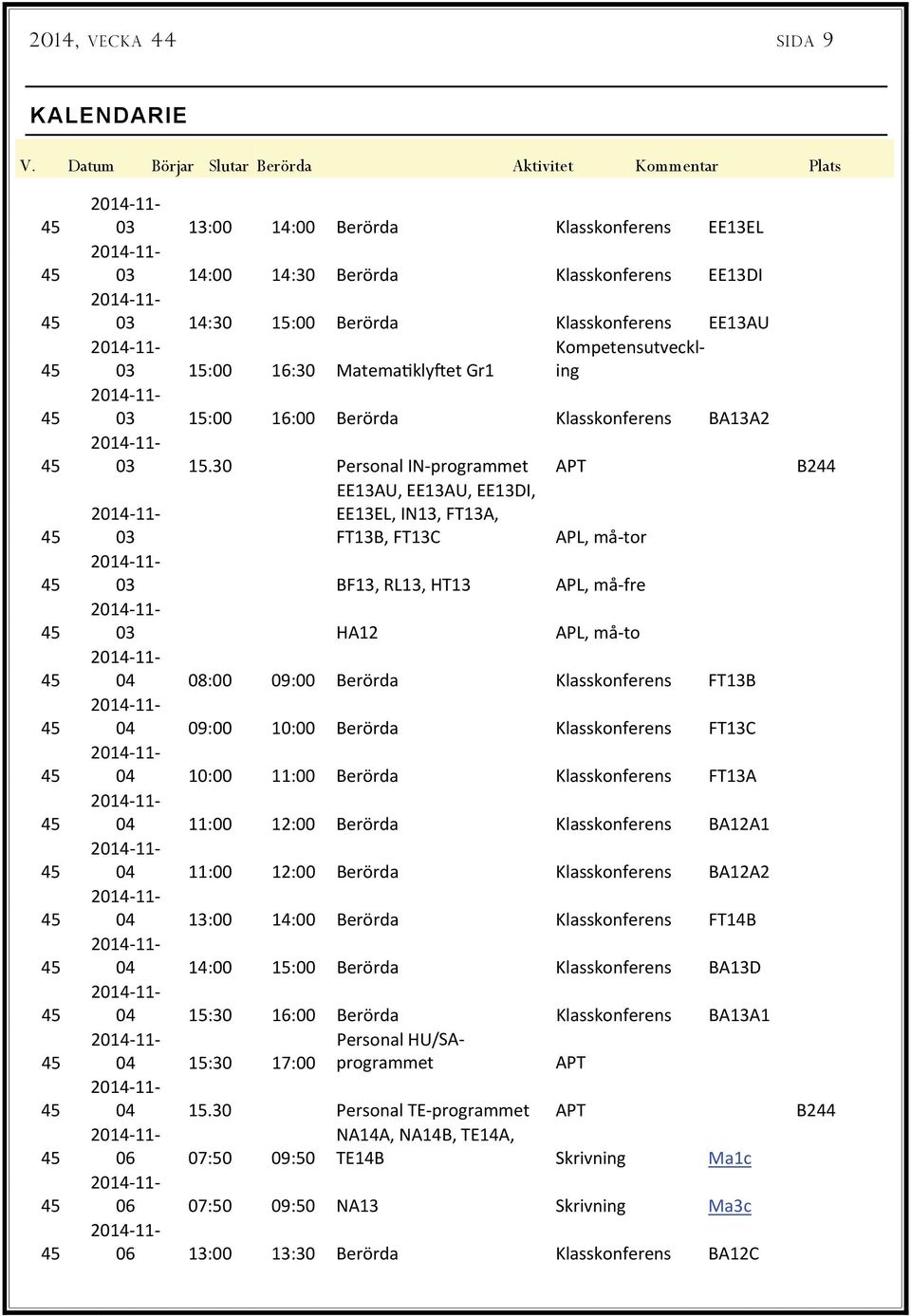 Kompetensutveckling 03 15:00 16:30 Matema kly et Gr1 03 15:00 16:00 Berörda Klasskonferens BA13A2 03 15.