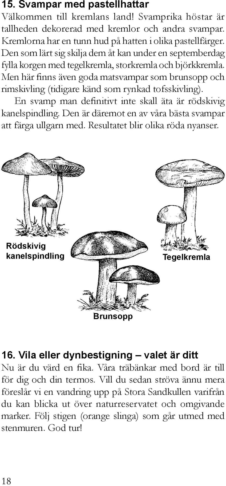 Men här finns även goda matsvampar som brunsopp och rimskivling (tidigare känd som rynkad tofsskivling). En svamp man definitivt inte skall äta är rödskivig kanelspindling.