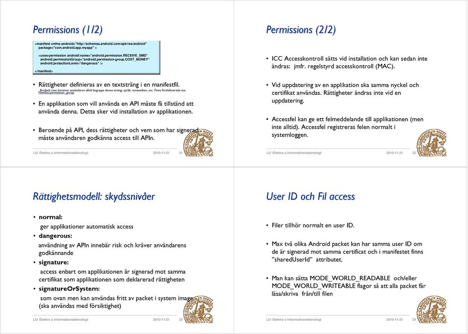 cost_money" android:protectionlevel="dangerous" /> </manifest> ICC Accesskontroll sätts vid installation och kan sedan inte ändras: jmfr. regelstyrd accesskontroll (MAC).