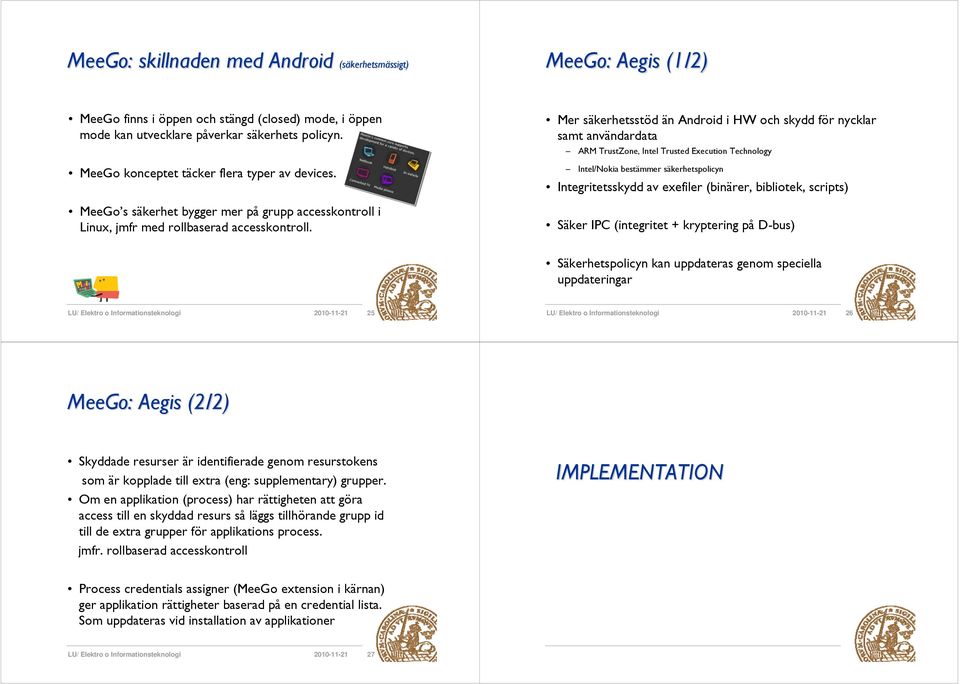 Mer säkerhetsstöd än Android i HW och skydd för nycklar samt användardata ARM TrustZone, Intel Trusted Execution Technology Intel/Nokia bestämmer säkerhetspolicyn Integritetsskydd av exefiler