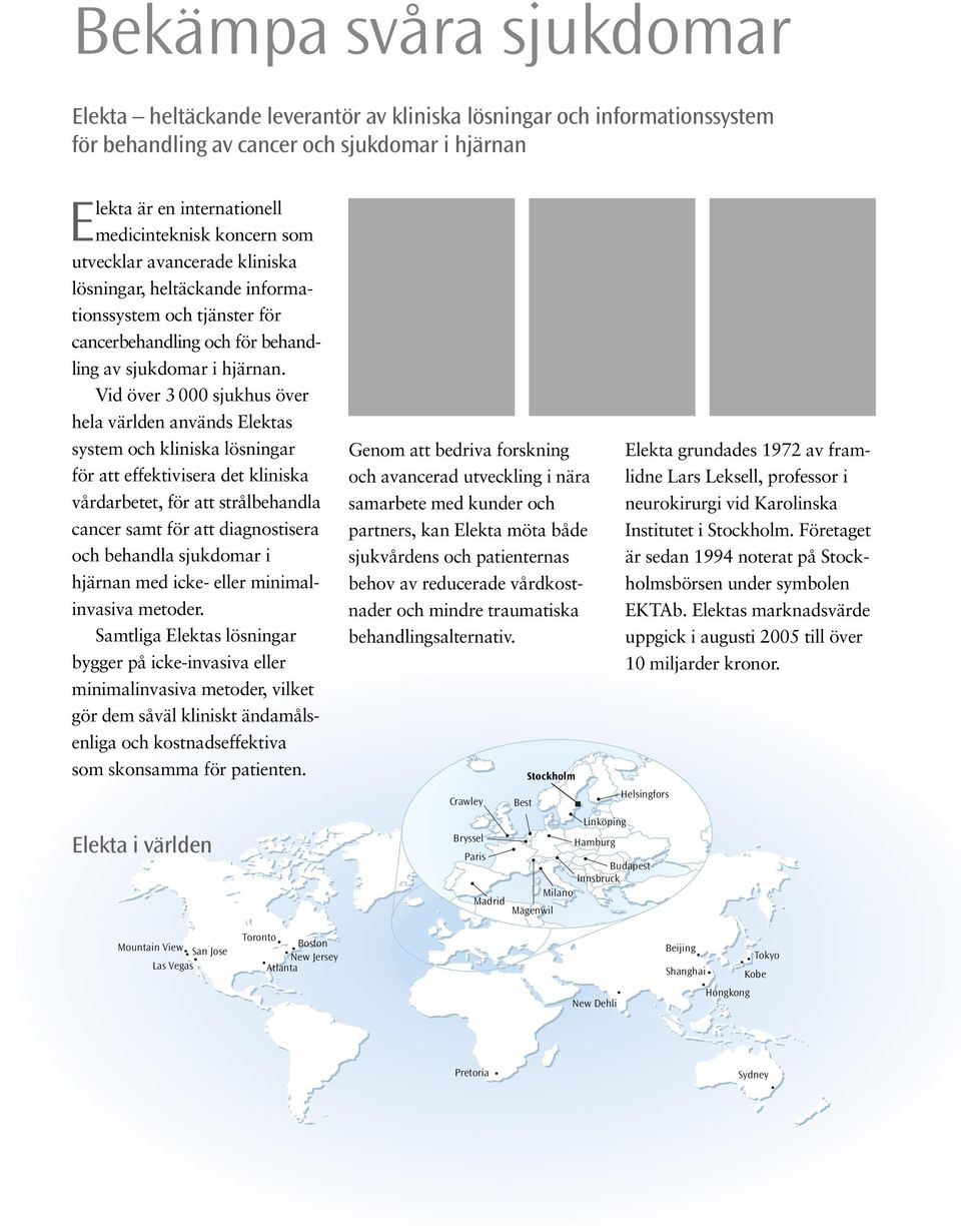 Vid över 3 sjukhus över hela världen används Elektas system och kliniska lösningar för att effektivisera det kliniska vårdarbetet, för att strålbehandla cancer samt för att diagnostisera och behandla
