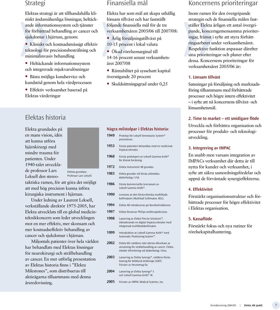 kundstöd genom hela vårdprocessen Effektiv verksamhet baserad på Elektas värderingar Elektas historia Elektas grundare, Professor Lars Leksell.