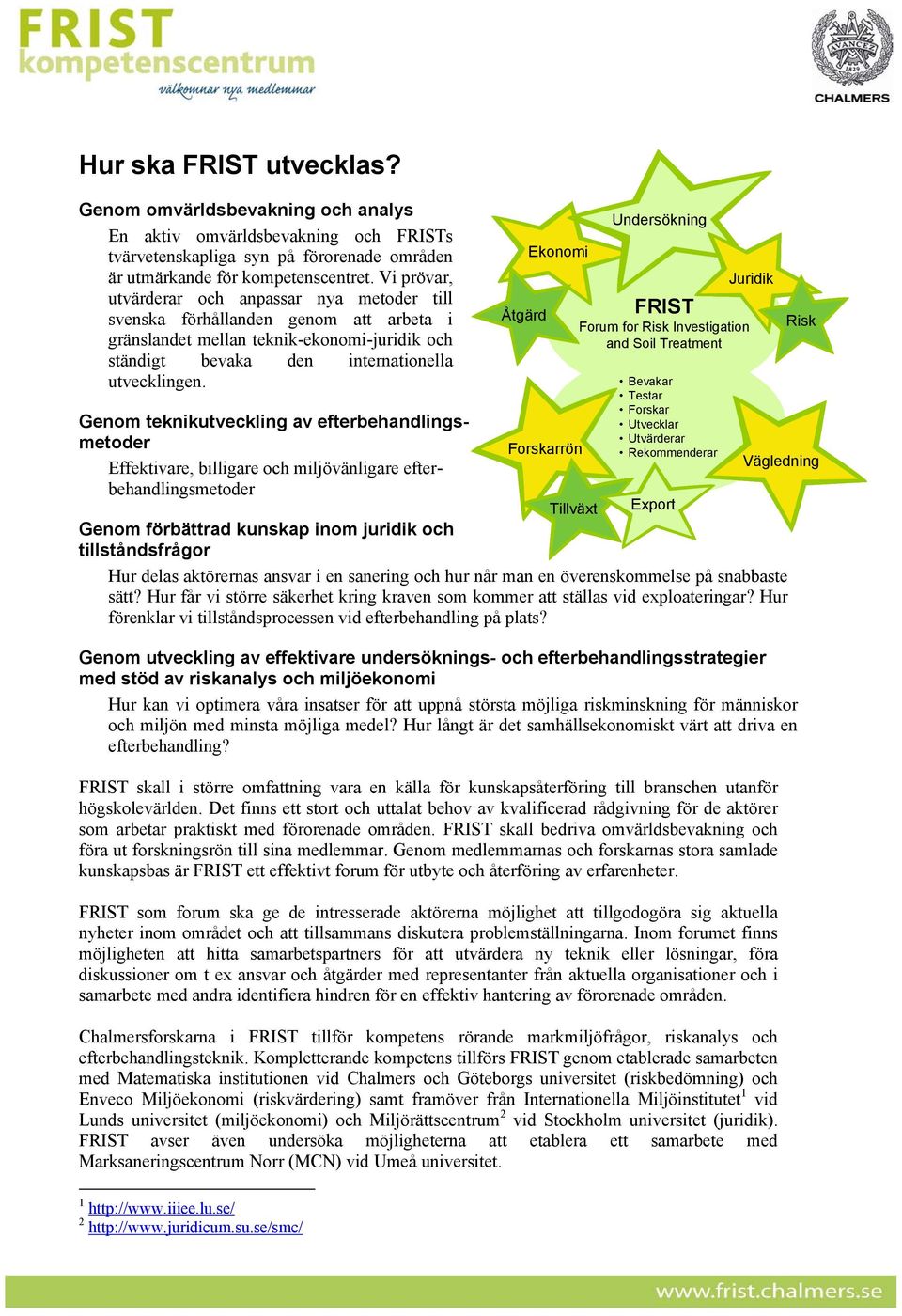 Åtgärd Eknmi Undersökning FRIST Frum fr Risk Investigatin and Sil Treatment Bevakar Testar Frskar Juridik Genm teknikutveckling av efterbehandlings- Utvecklar metder Utvärderar Frskarrön Rekmmenderar