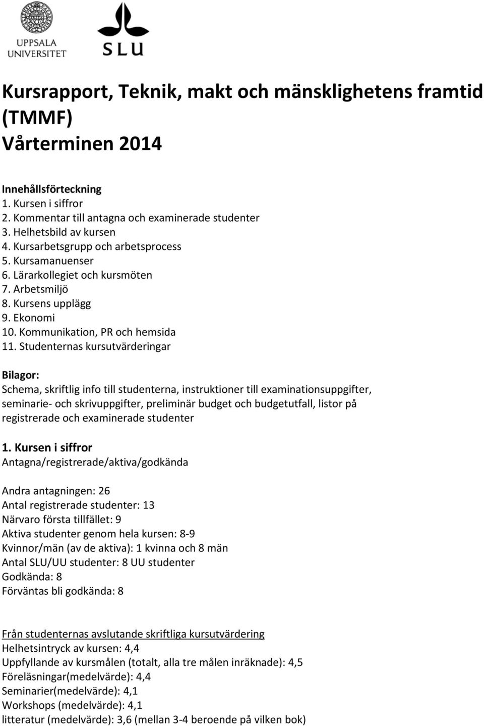 Studenternas kursutvärderingar Bilagor: Schema, skriftlig info till studenterna, instruktioner till examinationsuppgifter, seminarie- och skrivuppgifter, preliminär budget och budgetutfall, listor på