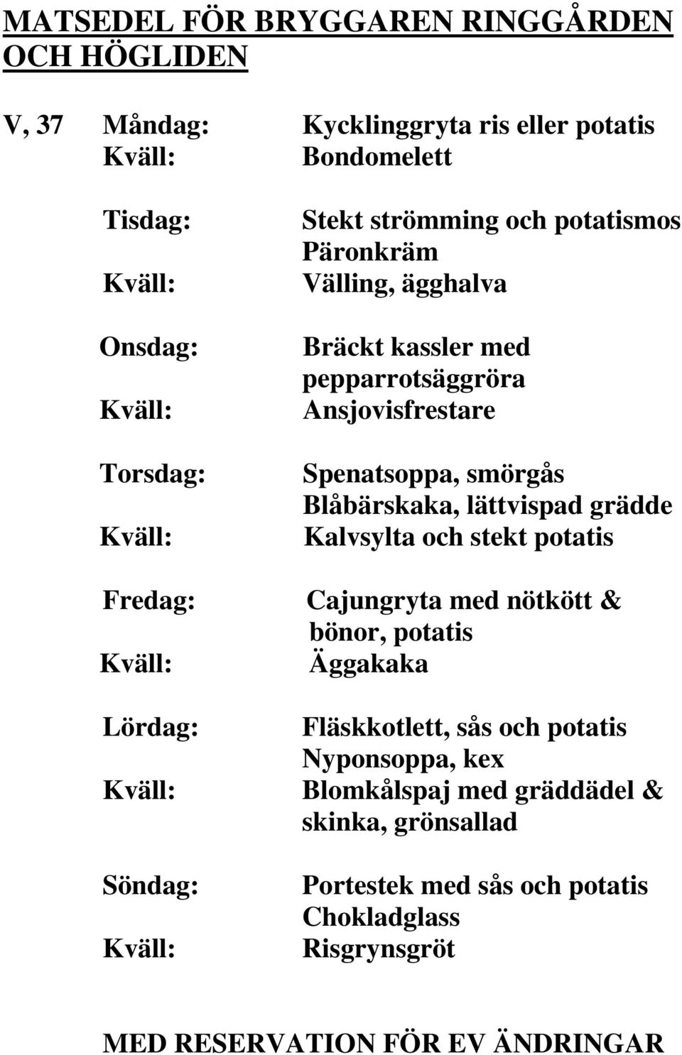 Blåbärskaka, lättvispad grädde Kalvsylta och stekt Cajungryta med nötkött & bönor, Äggakaka Fläskkotlett, sås och