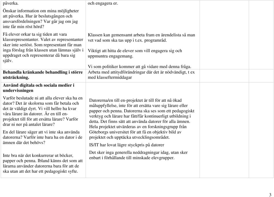 Som representant får man inga förslag från klassen utan lämnas själv i uppdraget och representerar då bara sig själv. Behandla kränkande behandling i större utsträckning.