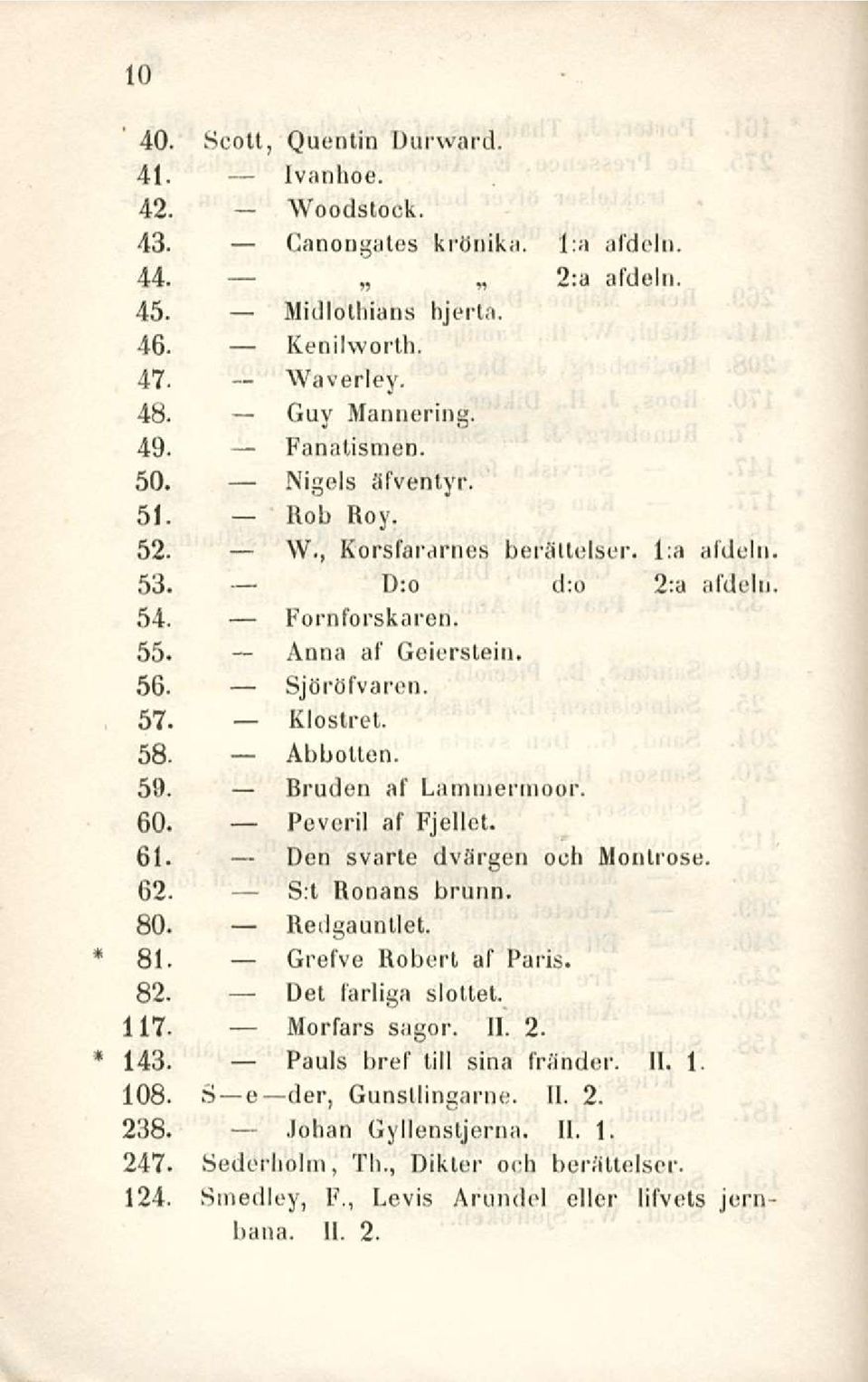 Bruden af Lammermoor. 60. Peveril af Fjellet. 61. Den svarle dvärgen ocb Honlrose. 62. S:t Ronans brunn. 80. Redgaunllet. Bl. Grefve Robert af Paris. 82. Det farliga sloltet. 117. Morfars sagor. 11. 2.