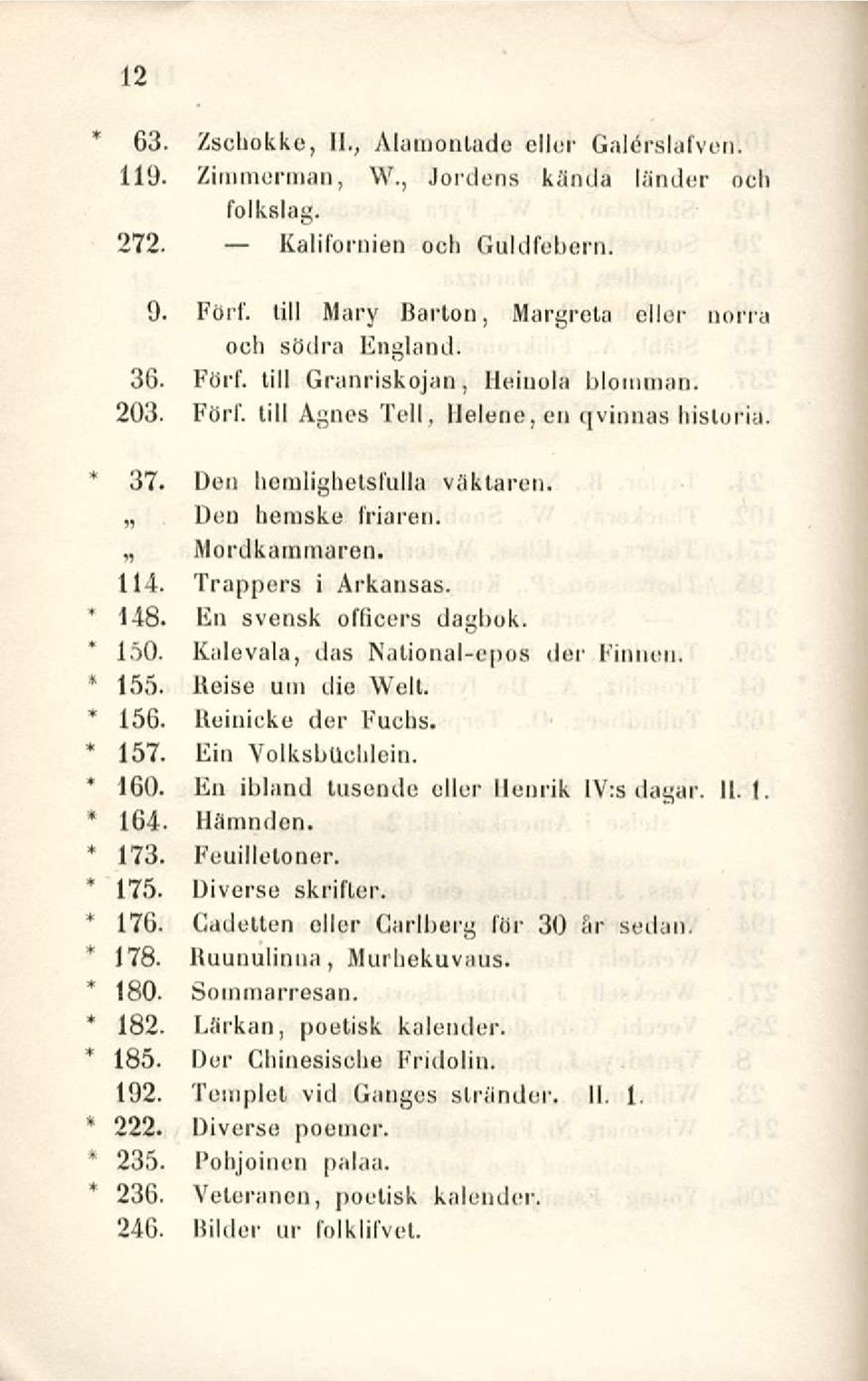 Den heraske friaren. Mordkamrnaren. 114. Trappers i Arkansas. 148. En svensk officers dagbok. 150. Kalevala, das Nalional-epos der Finnen. 155. Beise uin die Welt. 156. Ueiuicke der Fuchs. 157.