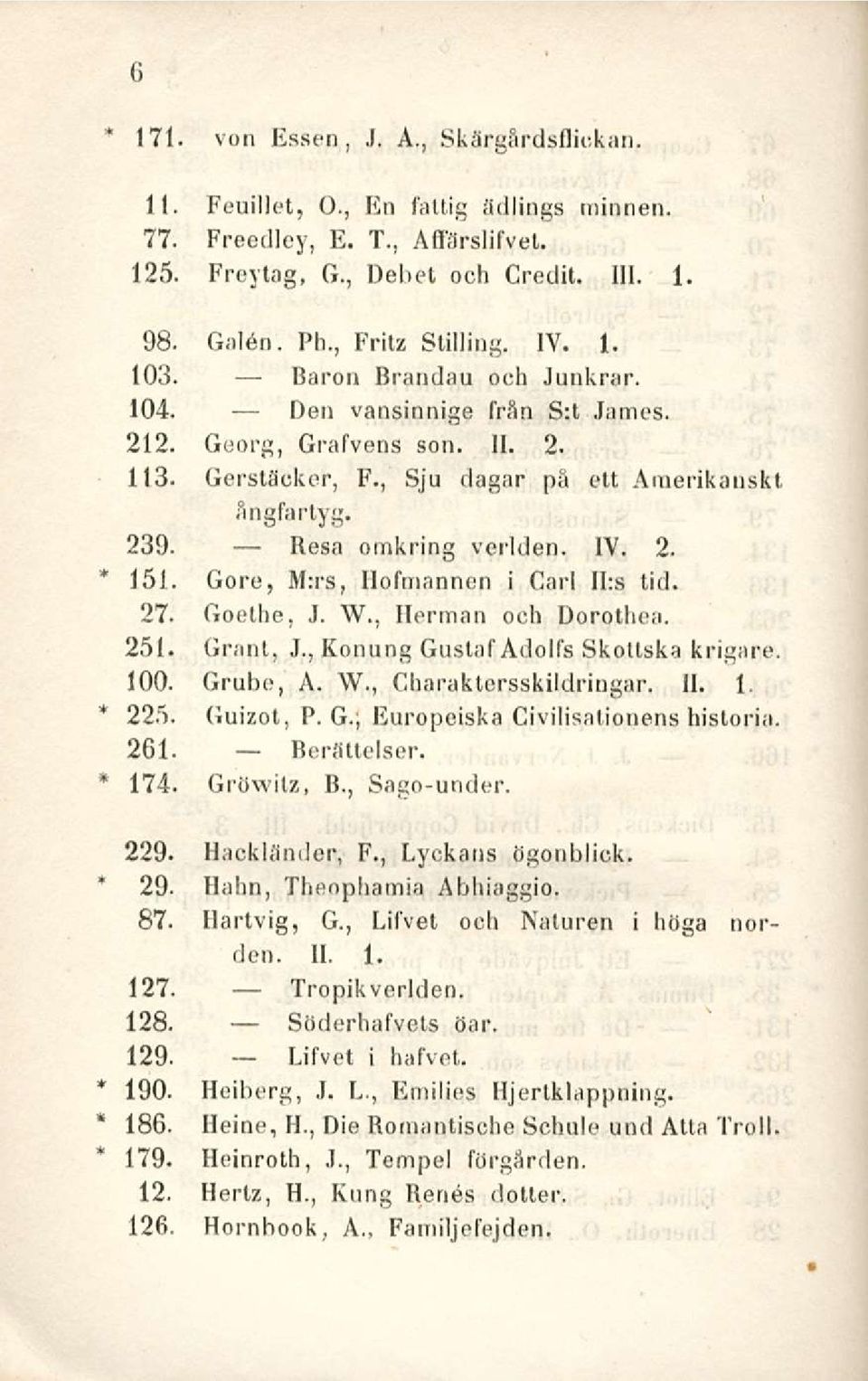 Gore, M:rs, Hofmannen i Carl II:s tid. 27. Goethe, J. W., Herman och Dorothea. 251. Grant, J., Konung Gustaf Adolfs Skottska krigare. 100. Grubo, A. W., Cbaraktersskildringar. 11. 1. 225. Guizot, P.