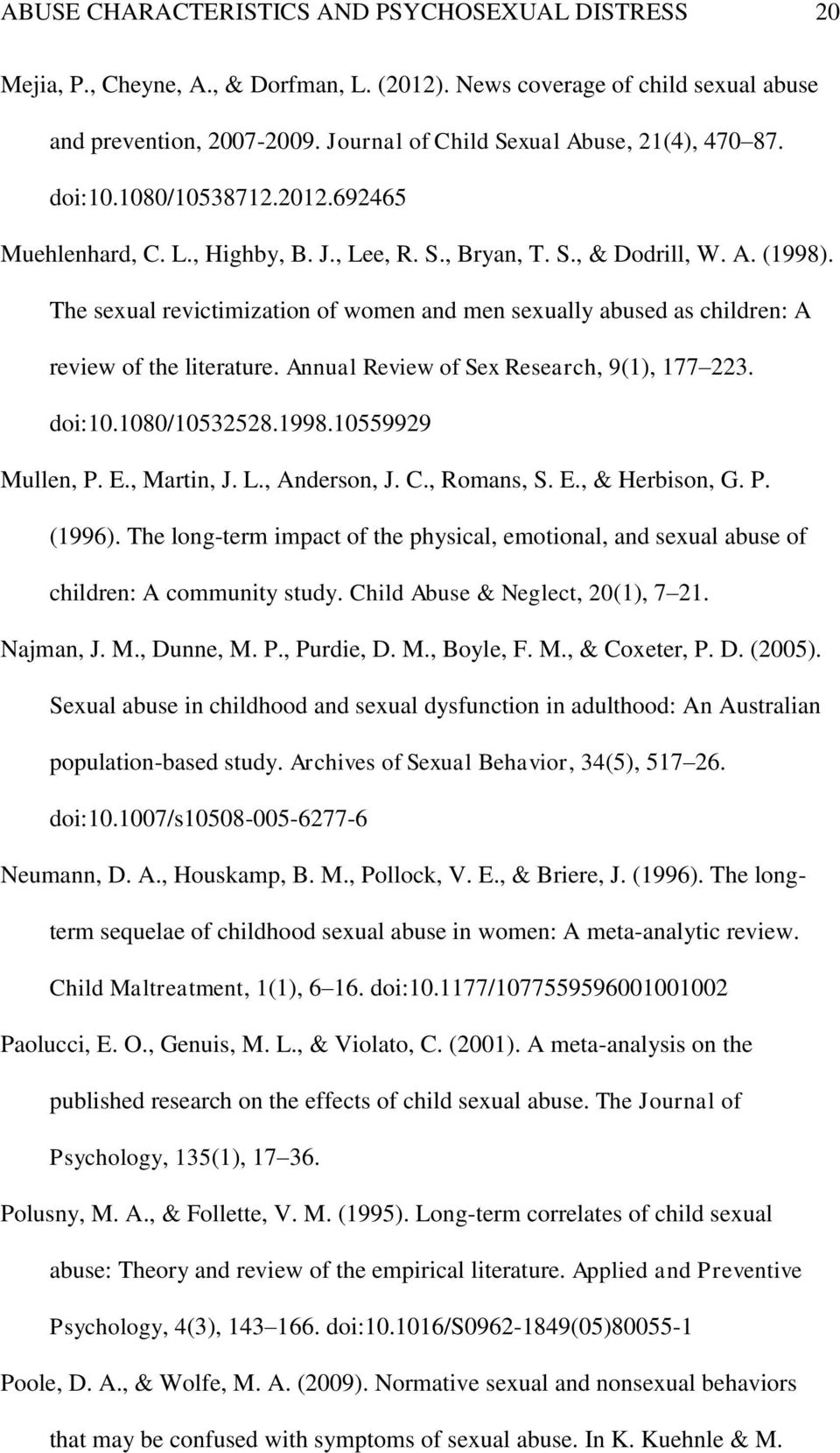 The sexual revictimization of women and men sexually abused as children: A review of the literature. Annual Review of Sex Research, 9(1), 177 223. doi:10.1080/10532528.1998.10559929 Mullen, P. E.