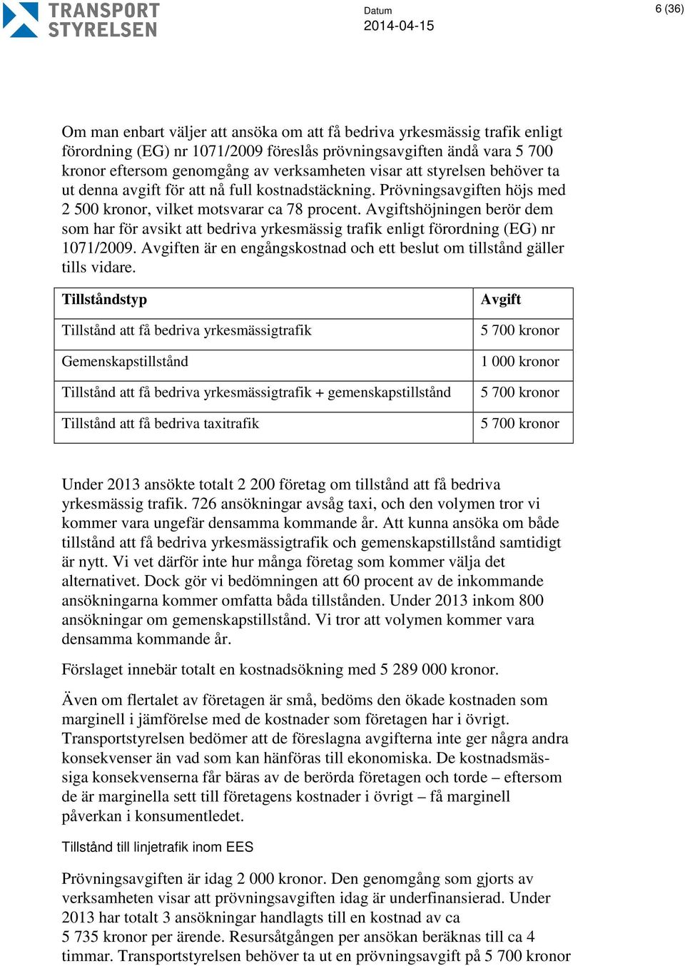 Avgiftshöjningen berör dem som har för avsikt att bedriva yrkesmässig trafik enligt förordning (EG) nr 1071/2009. Avgiften är en engångskostnad och ett beslut om tillstånd gäller tills vidare.