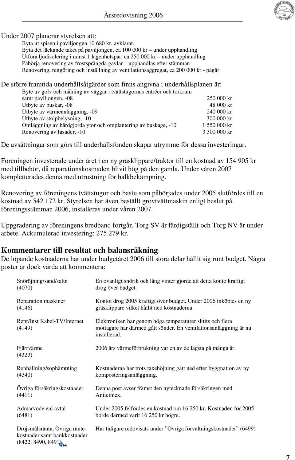 upphandlas efter stämman Renovering, rengöring och inställning av ventilationsaggregat, ca 200 000 kr - pågår De större framtida underhållsåtgärder som finns angivna i underhållsplanen är: Byte av