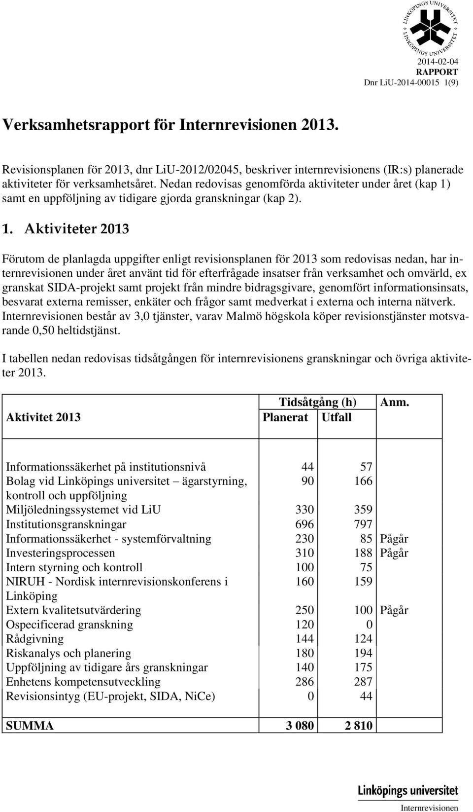 Nedan redovisas genomförda aktiviteter under året (kap 1)