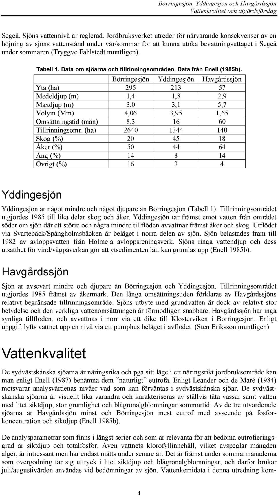 Tabell 1. Data om sjöarna och tillrinningsområden. Data från Enell (1985b).