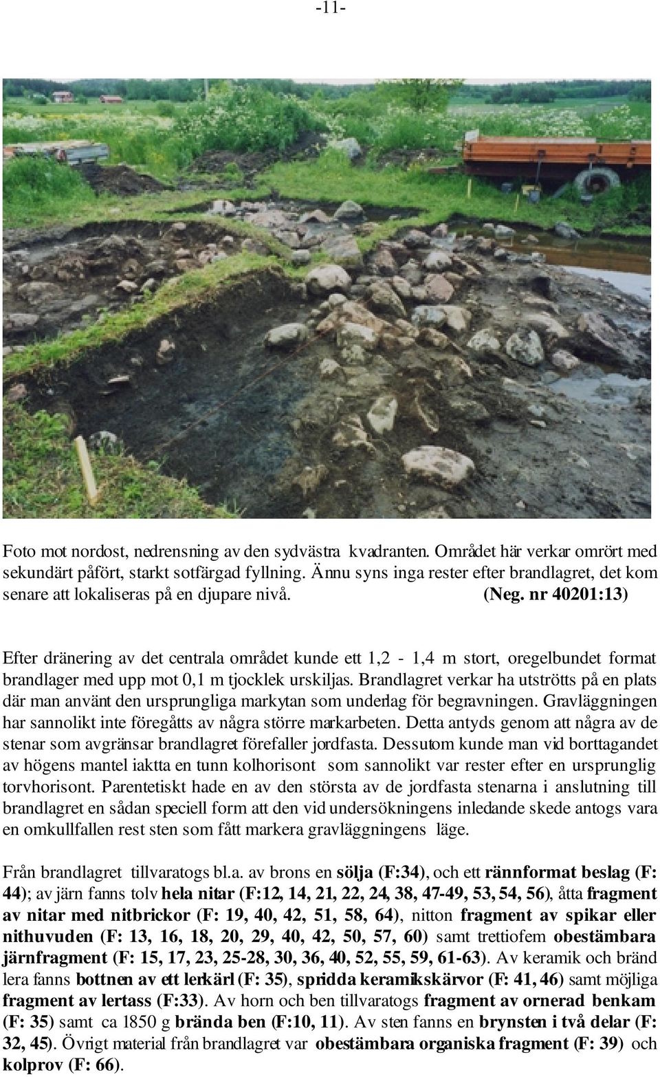 nr 40201:13) Efter dränering av det centrala området kunde ett 1,2-1,4 m stort, oregelbundet format brandlager med upp mot 0,1 m tjocklek urskiljas.