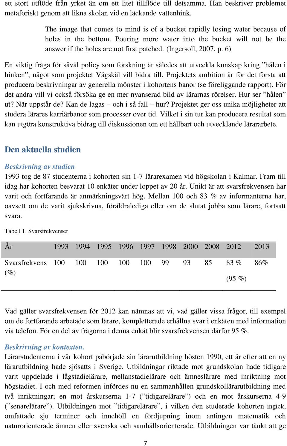 (Ingersoll, 2007, p. 6) En viktig fråga för såväl policy som forskning är således att utveckla kunskap kring hålen i hinken, något som projektet Vägskäl vill bidra till.