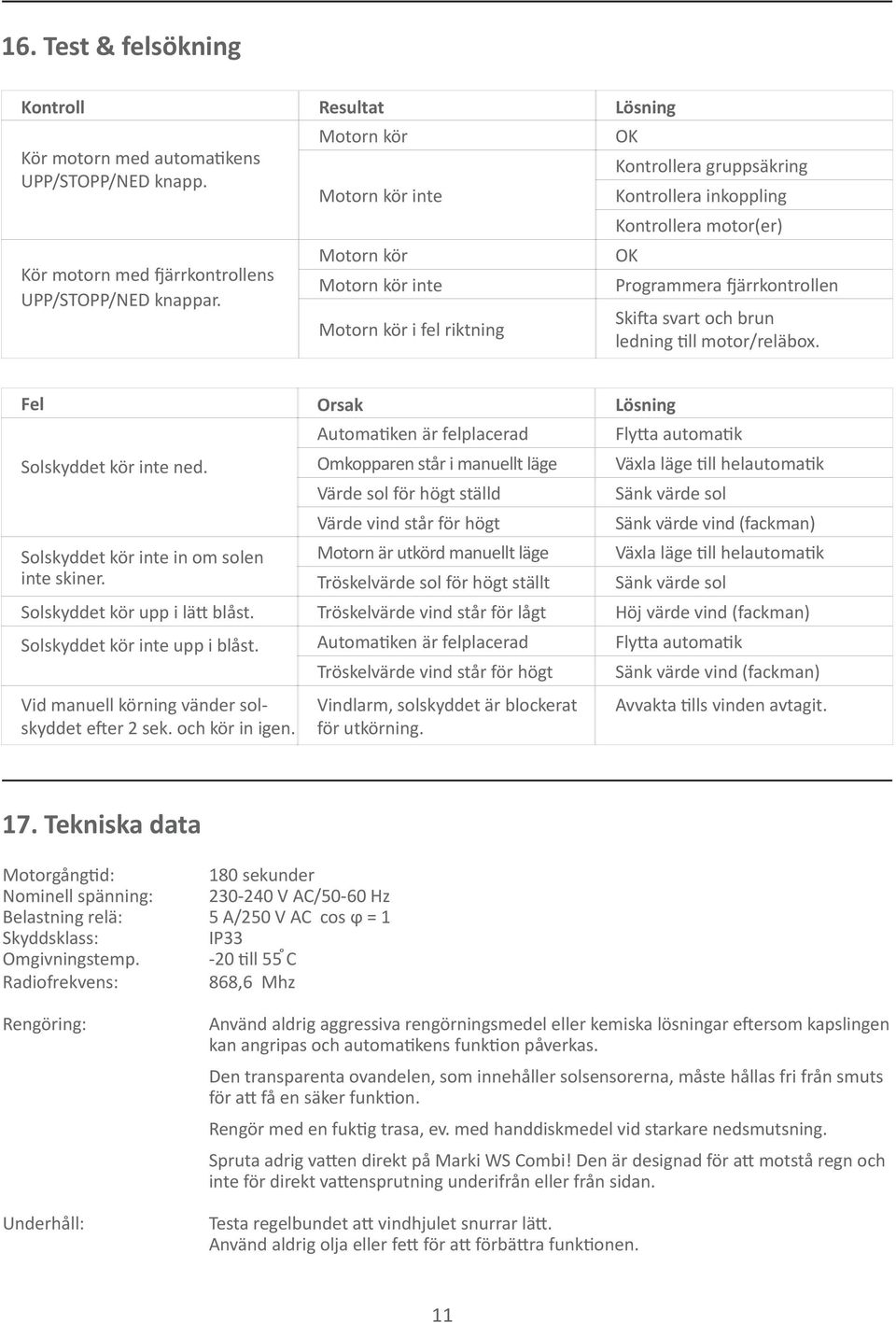 och brun ledning till motor/reläbox. Fel Orsak ösning Solskyddet kör inte ned. Solskyddet kör inte in om solen inte skiner.