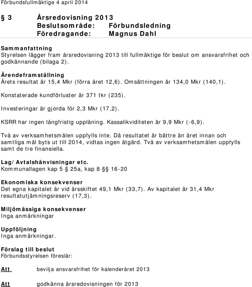 KSRR har ingen långfristig upplåning. Kassalikviditeten är 9,9 Mkr (-6,9). Två av verksamhetsmålen uppfylls inte.