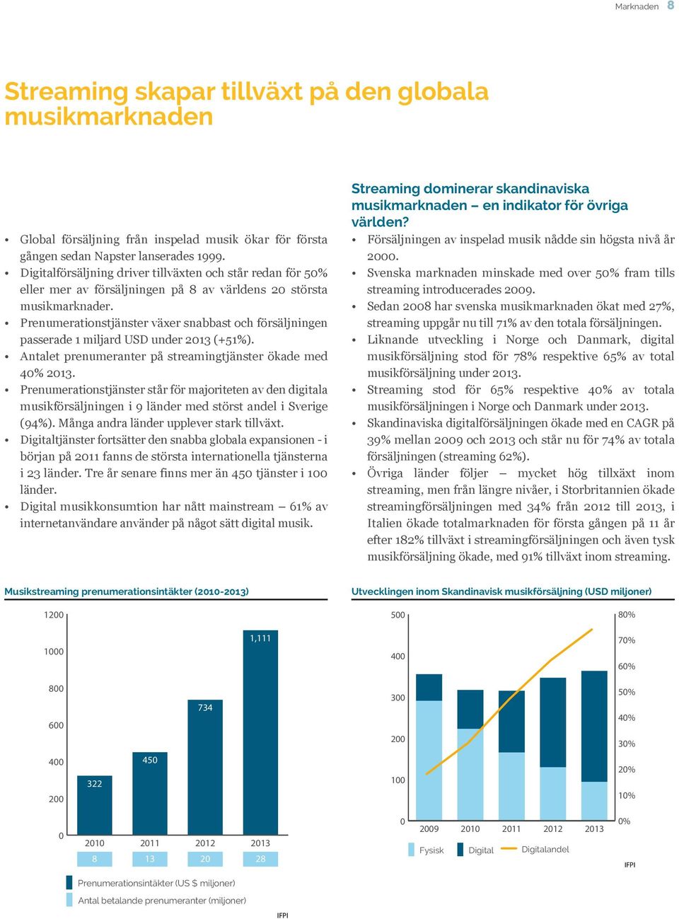 Prenumerationstjänster växer snabbast och försäljningen passerade 1 miljard USD under 2013 (+51%). Antalet prenumeranter på streamingtjänster ökade med 40% 2013.