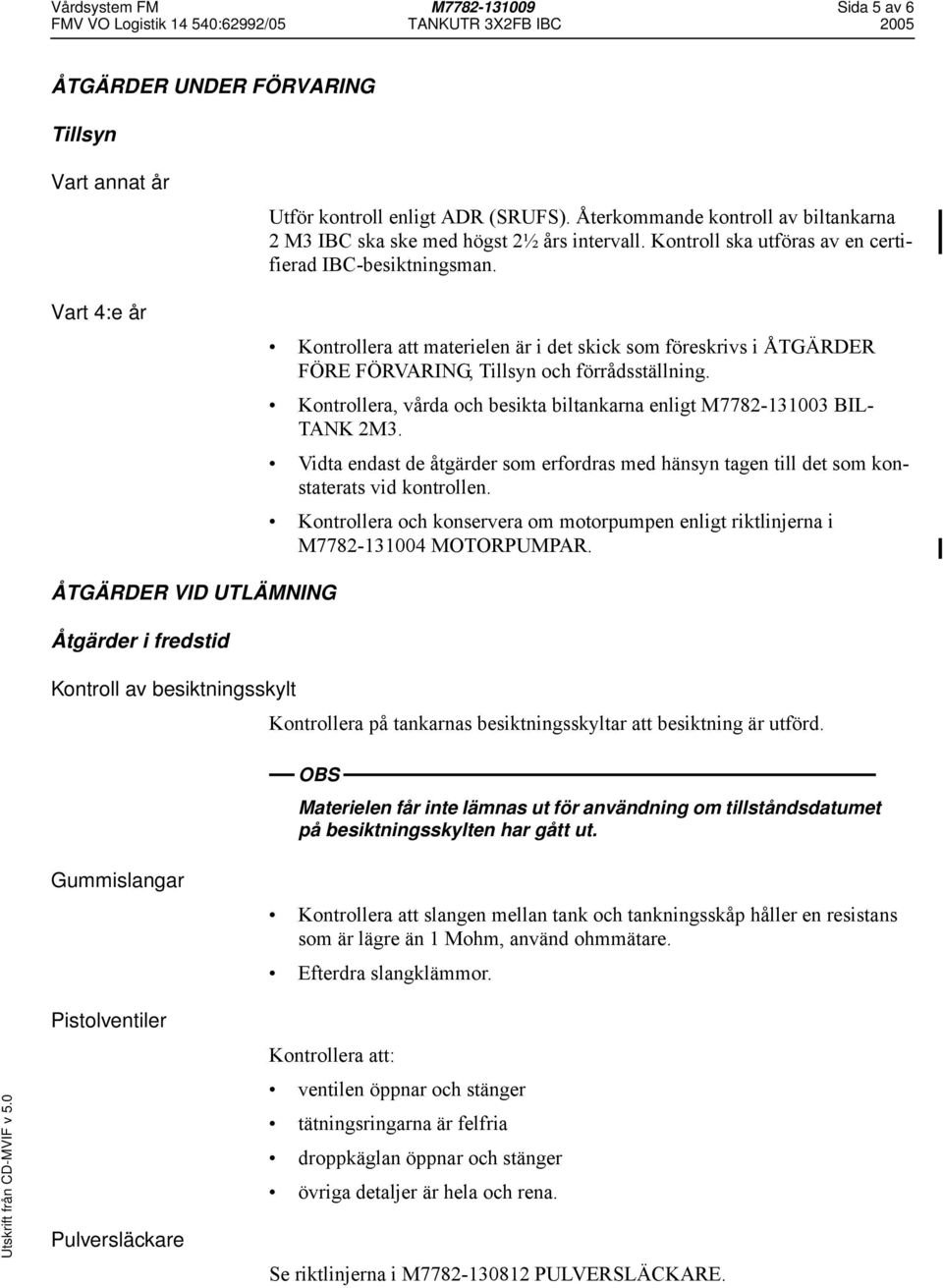 Kontrollera att materielen är i det skick som föreskrivs i ÅTGÄRDER FÖRE FÖRVARING, Tillsyn och förrådsställning. Kontrollera, vårda och besikta biltankarna enligt M7782-131003 BIL- TANK 2M3.