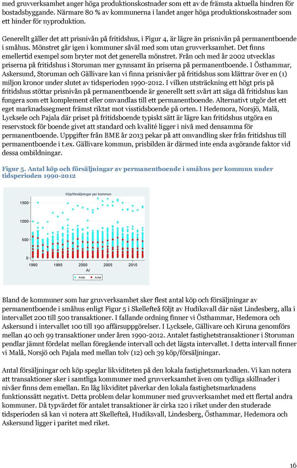 Generellt gäller det att prisnivån på fritidshus, i Figur 4, är lägre än prisnivån på permanentboende i småhus. Mönstret går igen i kommuner såväl med som utan gruvverksamhet.