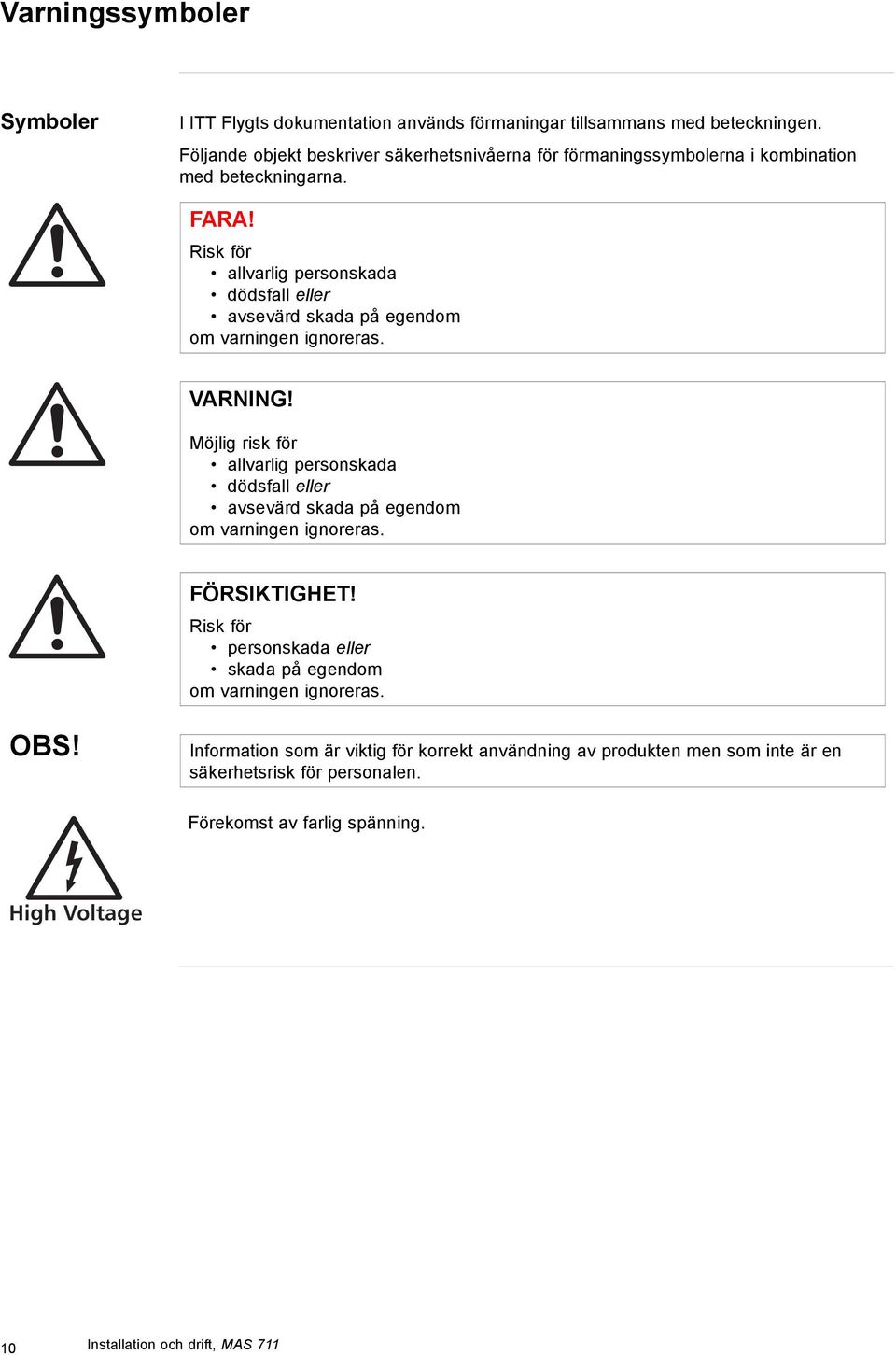 Risk för allvarlig personskada dödsfall eller avsevärd skada på egendom om varningen ignoreras. VARNING!