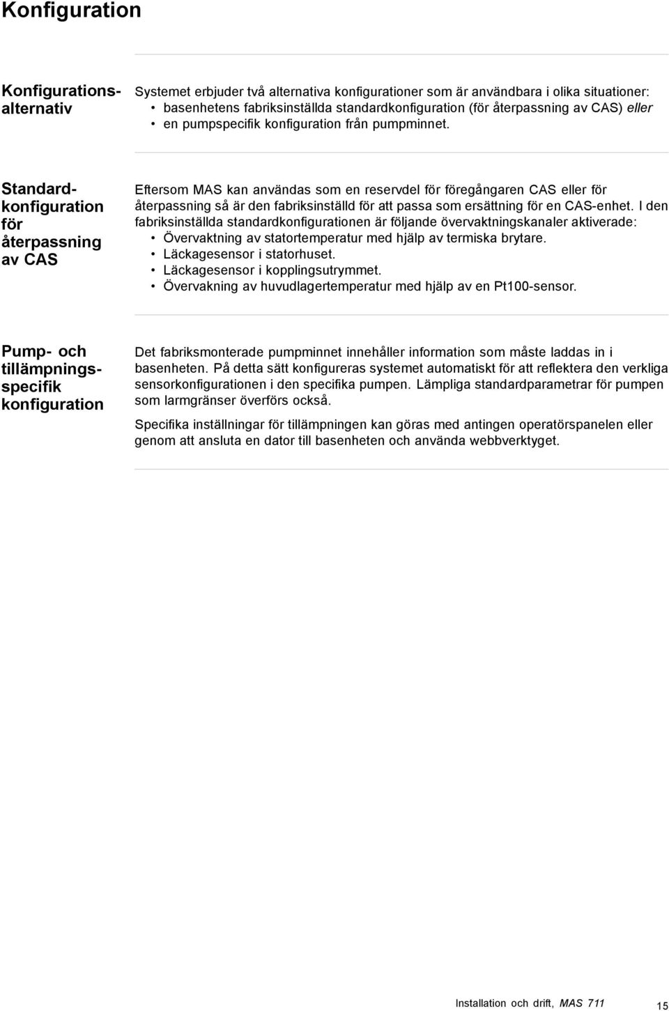 Konfigurationsalternativ Standardkonfiguration för återpassning av CAS Eftersom MAS kan användas som en reservdel för föregångaren CAS eller för återpassning så är den fabriksinställd för att passa