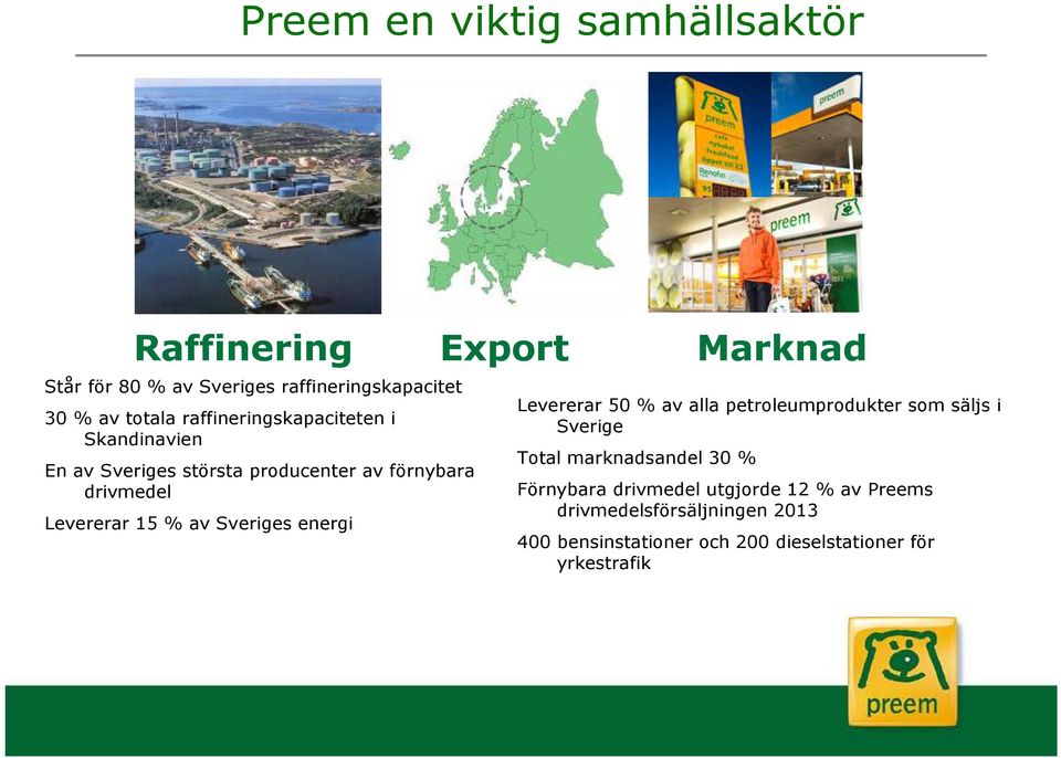 Sveriges energi Export Marknad Levererar 50 % av alla petroleumprodukter som säljs i Sverige Total marknadsandel 30 %