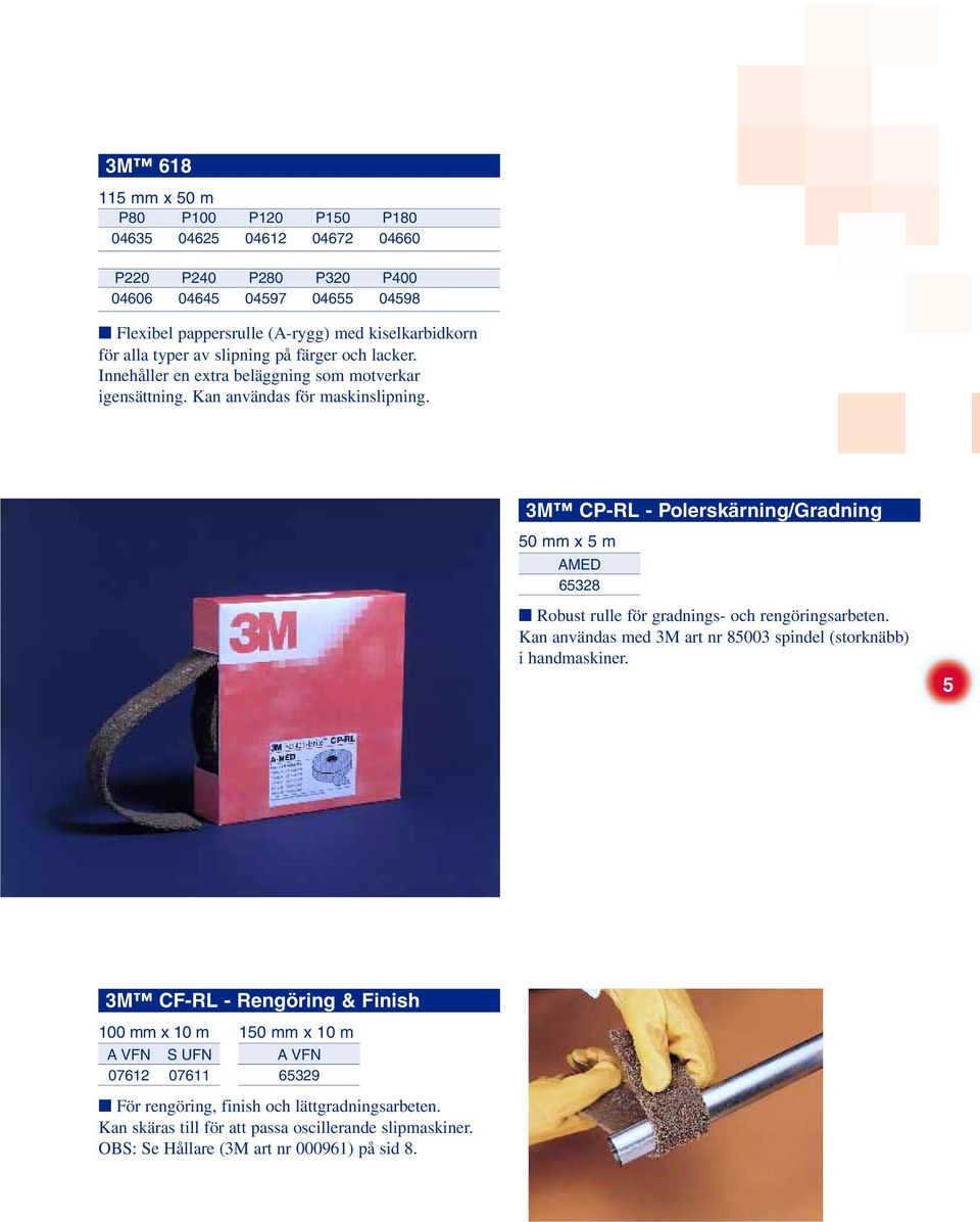 3M CP-RL - Polerskärning/Gradning 50 mm x 5 m AMED 65328 Robust rulle för gradnings- och rengöringsarbeten. Kan användas med 3M art nr 85003 spindel (storknäbb) i handmaskiner.