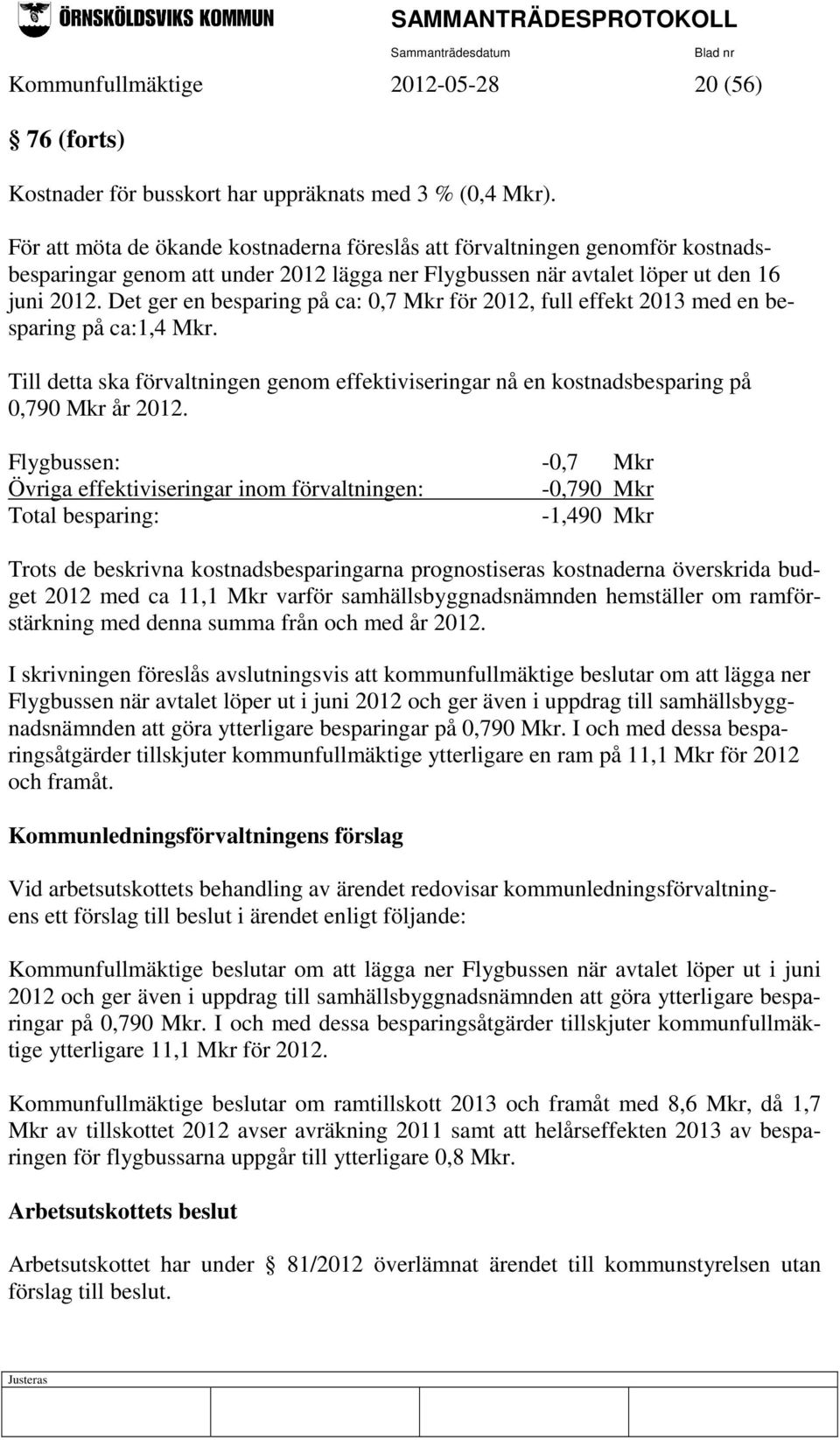 Det ger en besparing på ca: 0,7 Mkr för 2012, full effekt 2013 med en besparing på ca:1,4 Mkr. Till detta ska förvaltningen genom effektiviseringar nå en kostnadsbesparing på 0,790 Mkr år 2012.