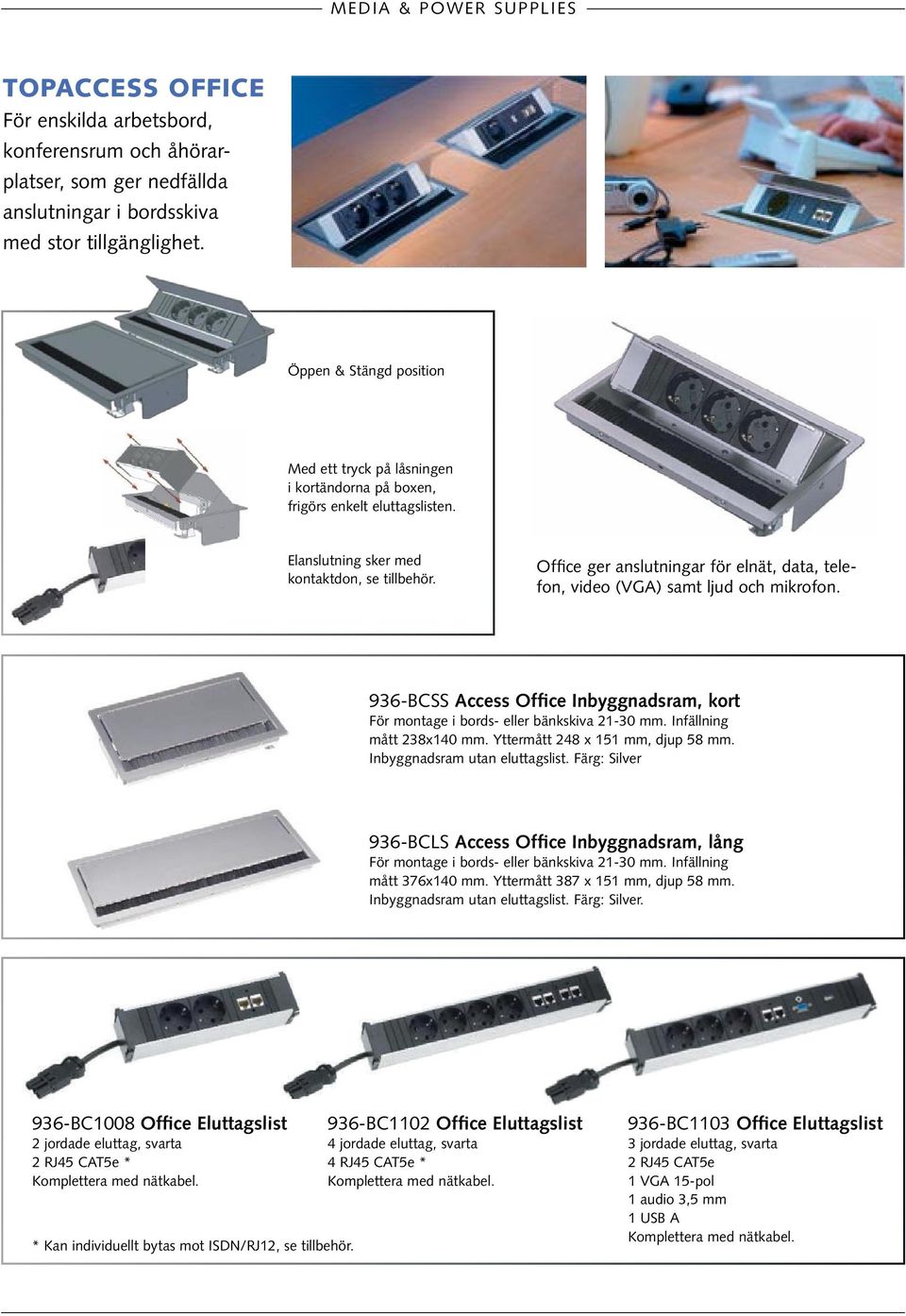 Office ger anslutningar för elnät, data, telefon, video (VGA) samt ljud och mikrofon. 936-BCSS Access Office Inbyggnadsram, kort För montage i bords- eller bänkskiva 21-30 mm.