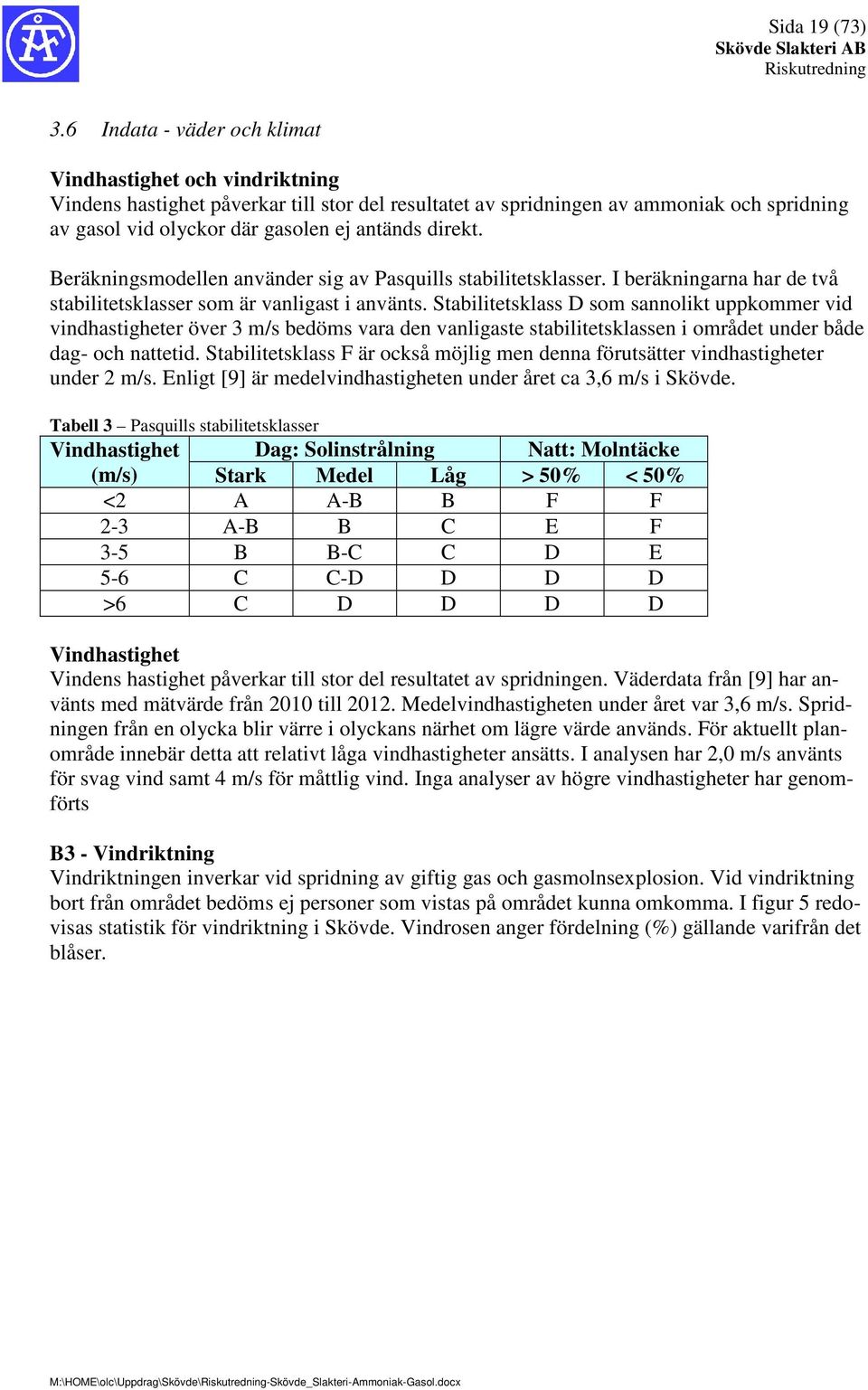 direkt. Beräkningsmodellen använder sig av Pasquills stabilitetsklasser. I beräkningarna har de två stabilitetsklasser som är vanligast i använts.