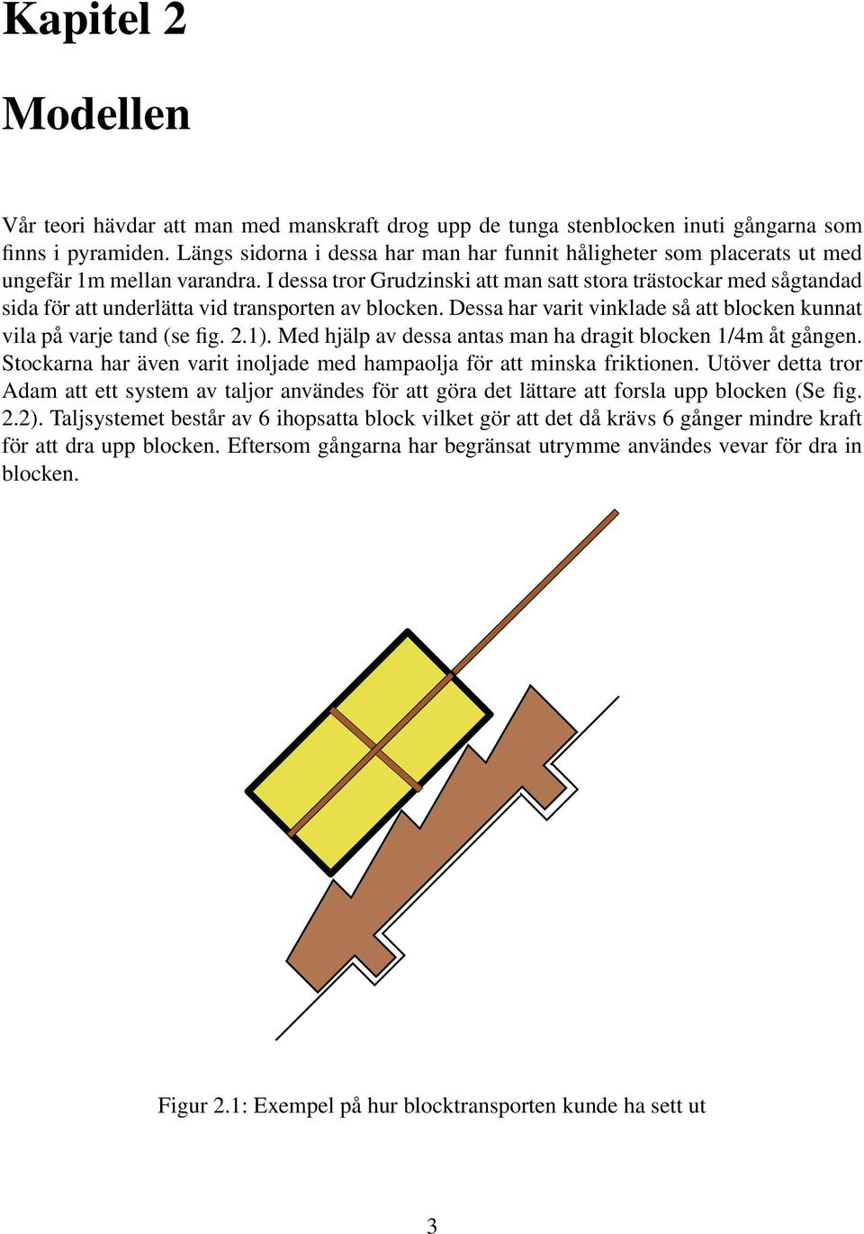 I dessa tror Grudzinski att man satt stora trästockar med sågtandad sida för att underlätta vid transporten av blocken. Dessa har varit vinklade så att blocken kunnat vila på varje tand (se fig. 2.1).