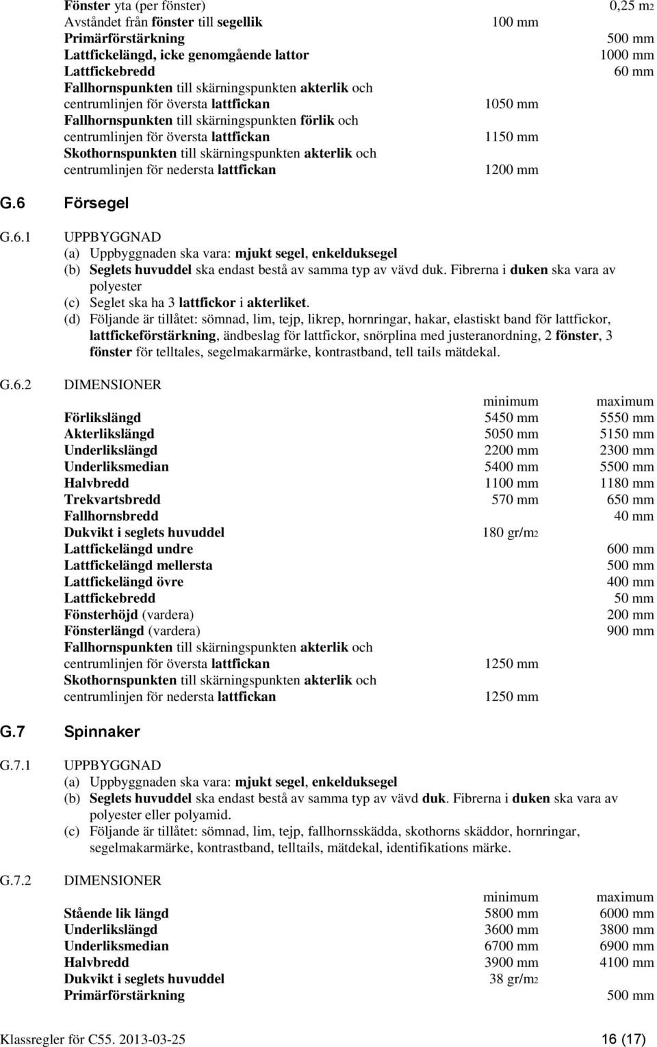 nedersta lattfickan G.6 Försegel 100 mm 1050 mm 1150 mm 1200 mm 0,25 m2 500 mm 1000 mm 60 mm G.6.1 G.6.2 (a) Uppbyggnaden ska vara: mjukt segel, enkelduksegel (b) Seglets huvuddel ska endast bestå av samma typ av vävd duk.