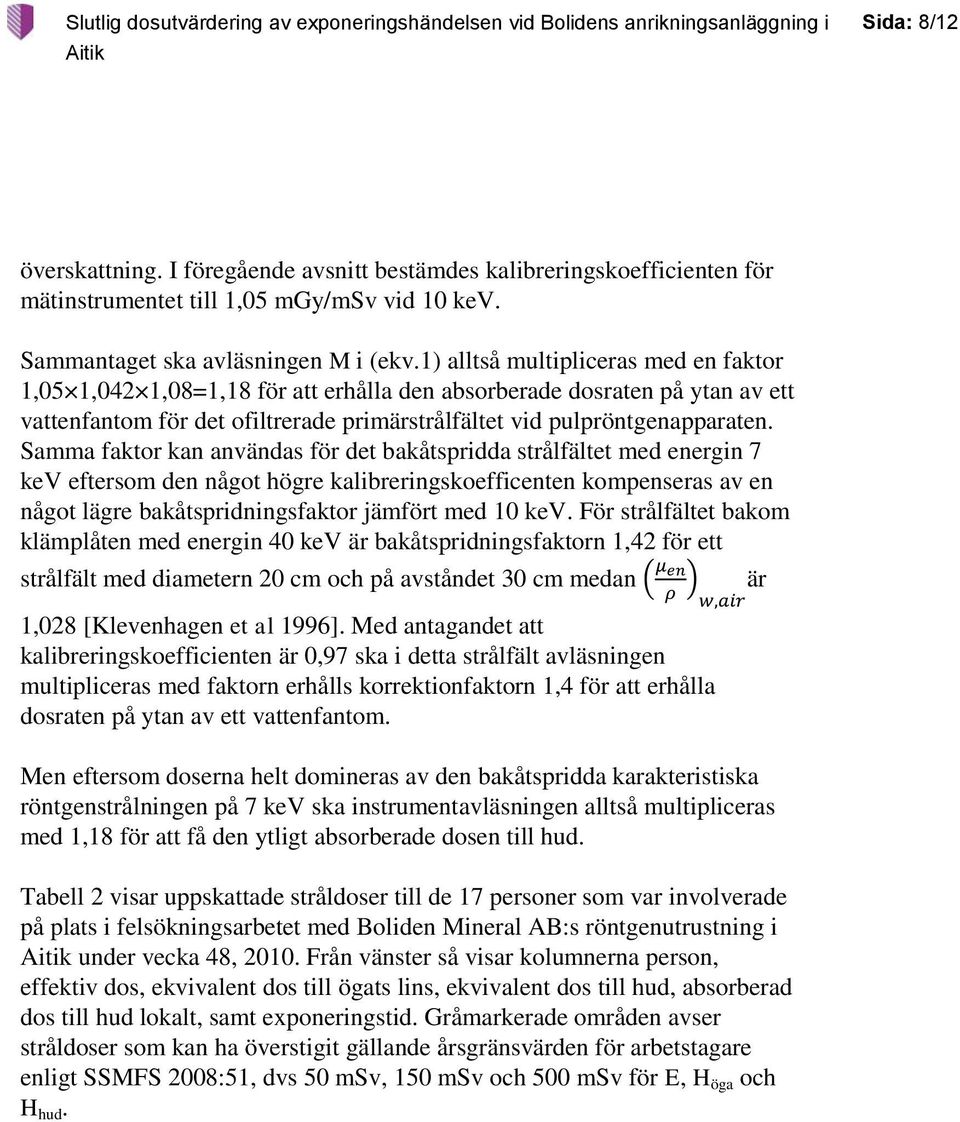 Samma faktor kan användas för det bakåtspridda strålfältet med energin 7 kev eftersom den något högre kalibreringskoefficenten kompenseras av en något lägre bakåtspridningsfaktor jämfört med 10 kev.