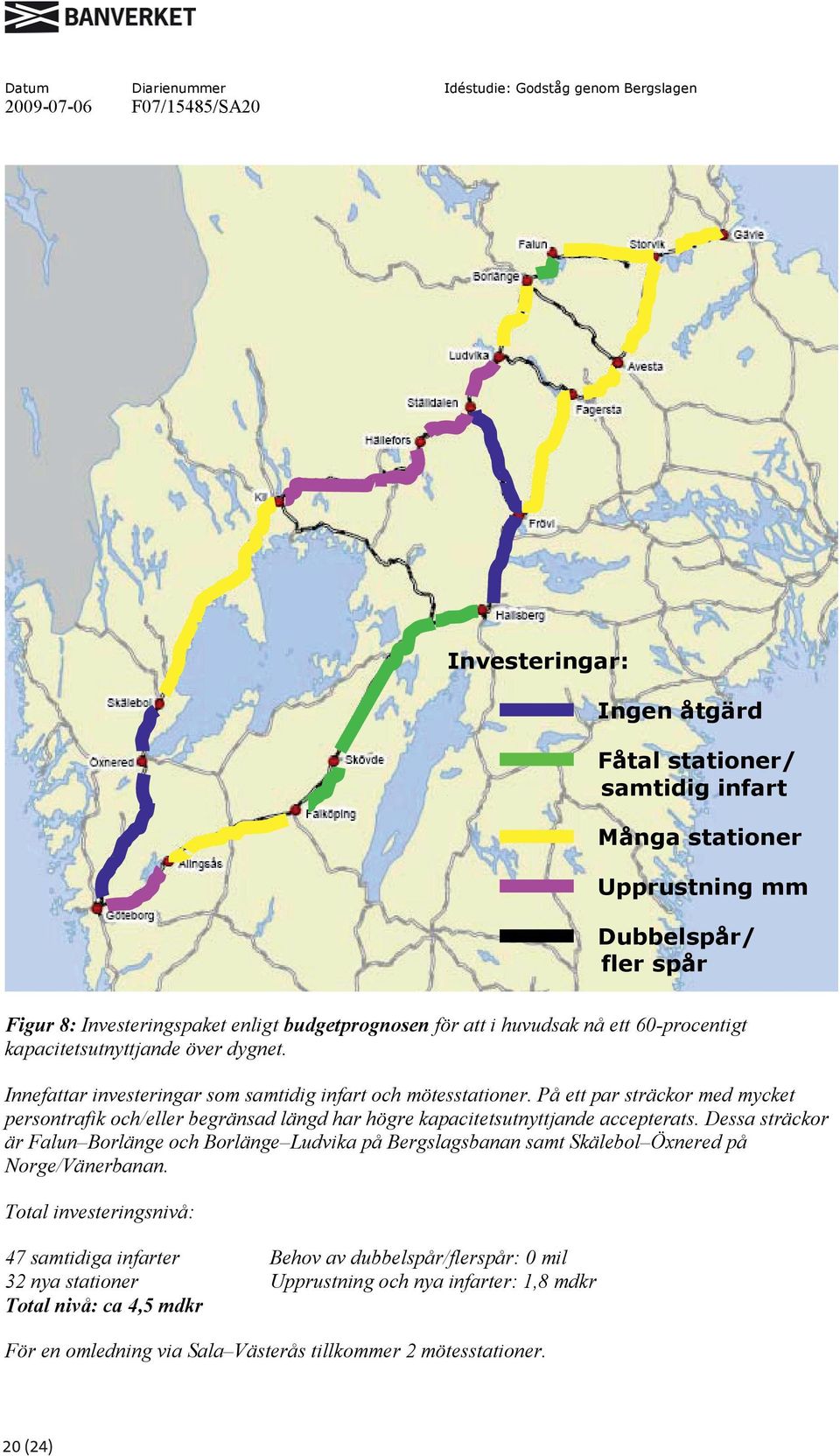 budgetprognosen för att i huvudsak nå ett 60-procentigt kapacitetsutnyttjande över dygnet. Innefattar investeringar som samtidig infart och mötesstationer.