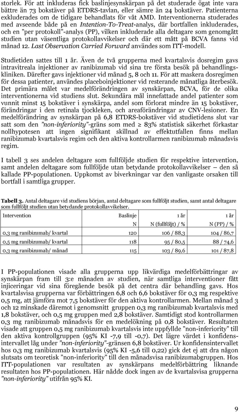 Interventionerna studerades med avseende både på en Intention-To-Treat-analys, där bortfallen inkluderades, och en per protokoll -analys (PP), vilken inkluderade alla deltagare som genomgått studien