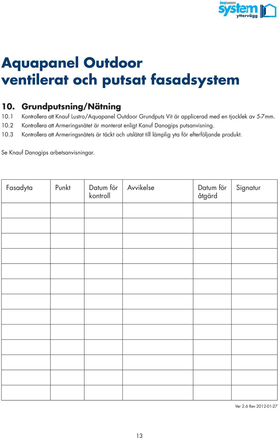 2 Kontrollera att Armeringsnätet är monterat enligt Kanuf Danogips putsanvisning. 10.