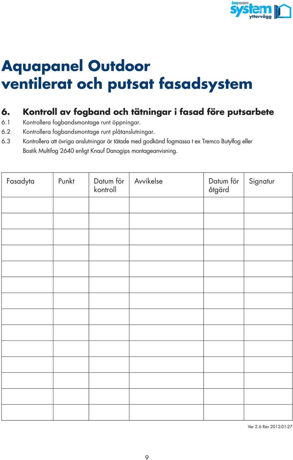 2 Kontrollera fogbandsmontage runt plåtanslutningar. 6.