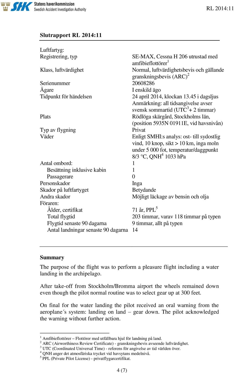 45 i dagsljus Anmärkning: all tidsangivelse avser svensk sommartid (UTC 3 + 2 timmar) Plats Rödlöga skärgård, Stockholms län, (position 5935N 01911E, vid havsnivån) Typ av flygning Privat Väder