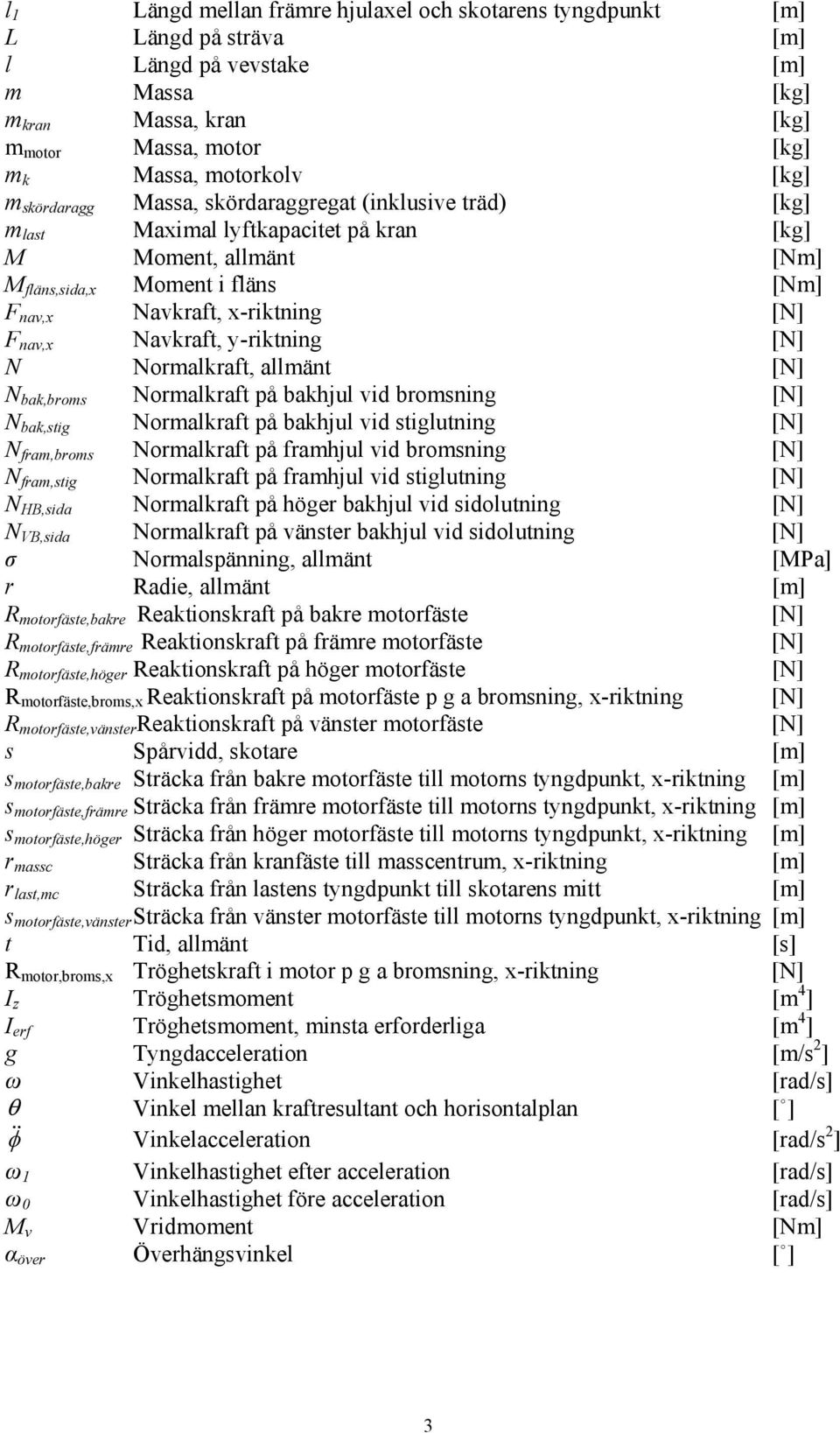 Navkraft, y-riktning [N] N Normalkraft, allmänt [N] N bak,broms Normalkraft på bakhjul vid bromsning [N] N bak,stig Normalkraft på bakhjul vid stiglutning [N] N fram,broms Normalkraft på framhjul vid