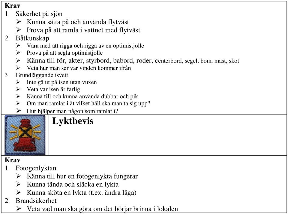 vuxen Veta var isen är farlig Känna till och kunna använda dubbar och pik Om man ramlar i åt vilket håll ska man ta sig upp? Hur hjälper man någon som ramlat i?