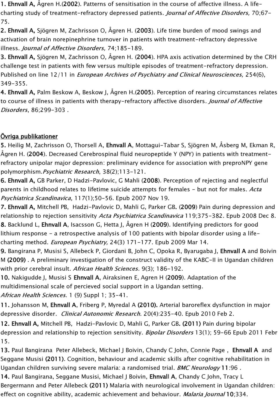 Journal of Affective Disorders, 74;185-189. 3. Ehnvall A, Sjögren M, Zachrisson O, Ågren H. (2004).