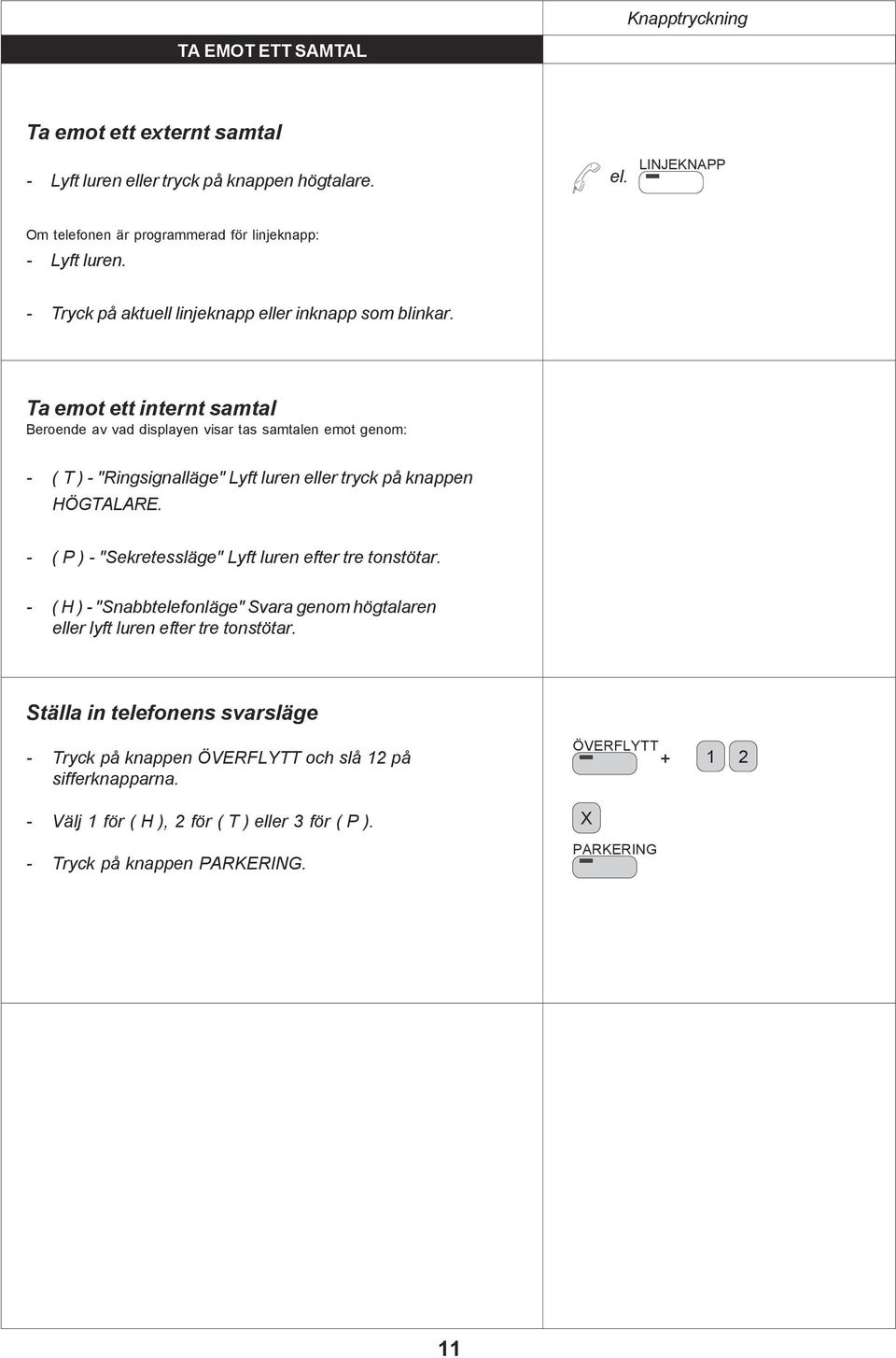 Ta emot ett internt samtal Beroende av vad displayen visar tas samtalen emot genom: - ( T ) - "Ringsignalläge" Lyft luren eller tryck på knappen HÖGTALARE.