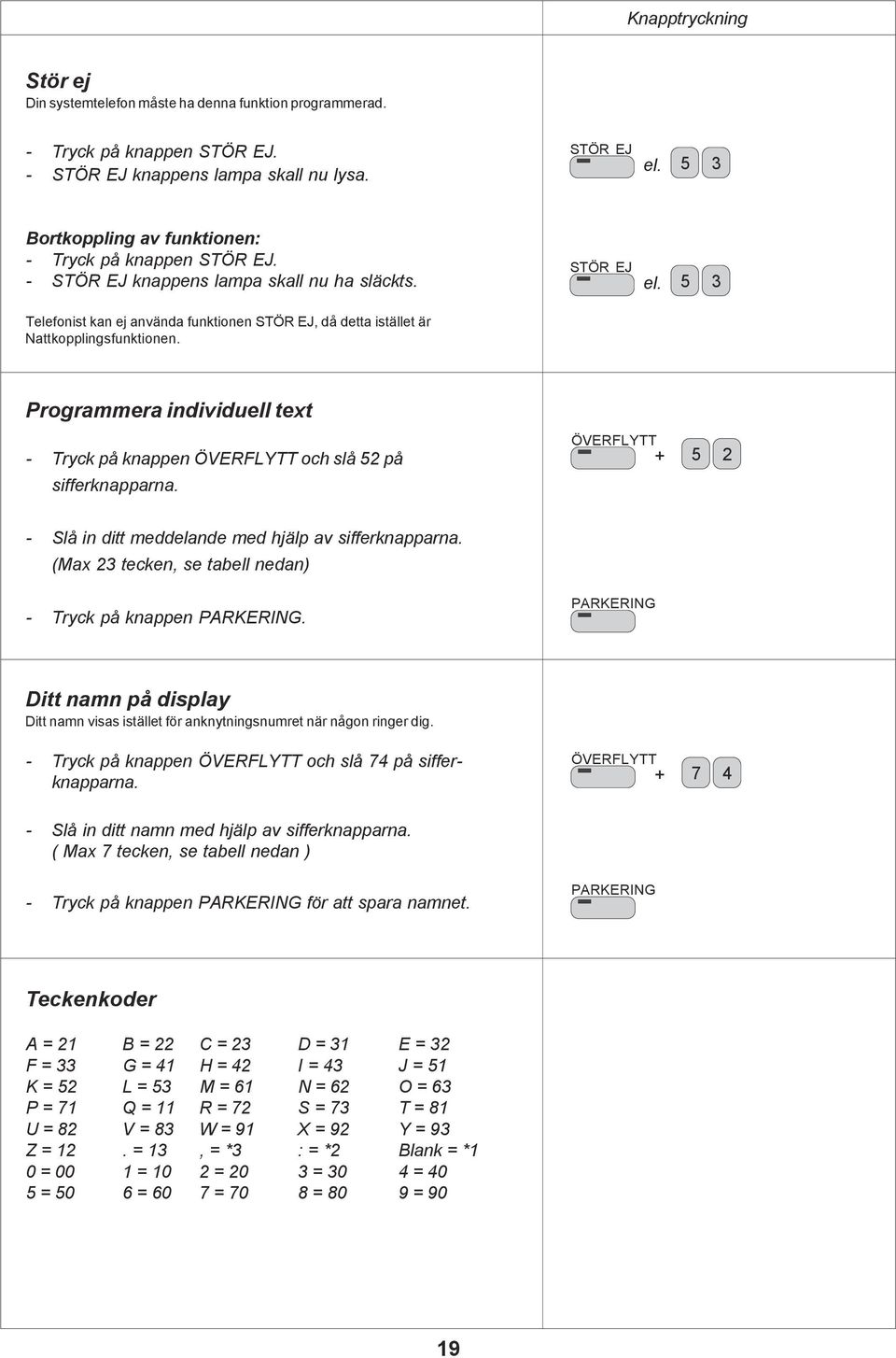 5 3 Telefonist kan ej använda funktionen STÖR EJ, då detta istället är Nattkopplingsfunktionen. Programmera individuell text - Tryck på knappen och slå 52 på sifferknapparna.