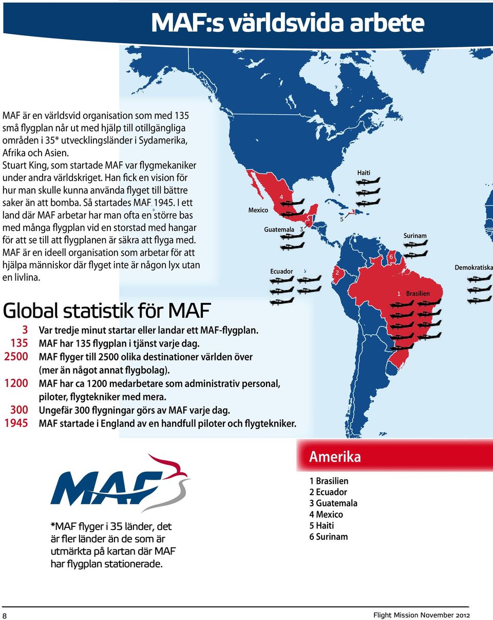 I ett land där MAF arbetar har man ofta en större bas med många flygplan vid en storstad med hangar för att se till att flygplanen är säkra att flyga med.