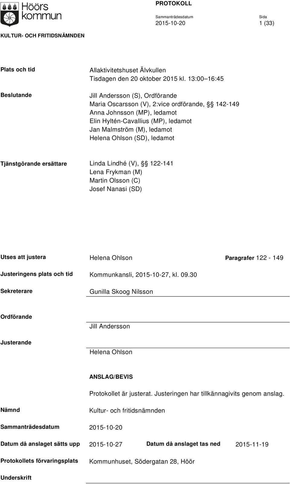 (SD), ledamot Tjänstgörande ersättare Linda Lindhé (V), 122-141 Lena Frykman (M) Martin Olsson (C) Josef Nanasi (SD) Utses att justera Helena Ohlson Paragrafer 122-149 Justeringens plats och tid