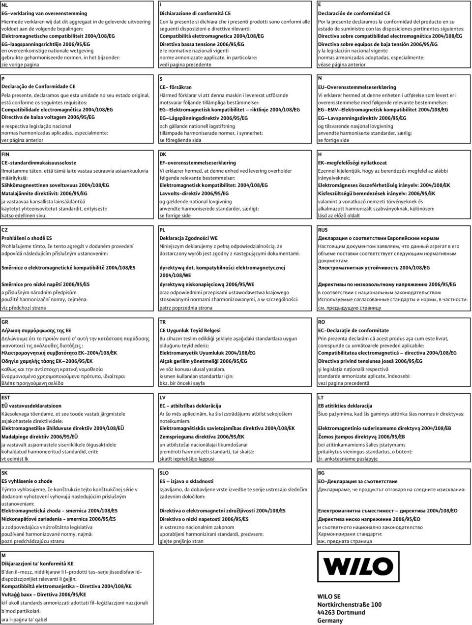 suministro con las disposiciones pertinentes siguientes: Elektromagnetische compatibiliteit 2004/108/EG Compatibilità elettromagnetica 2004/108/EG Directiva sobre compatibilidad electromagnética