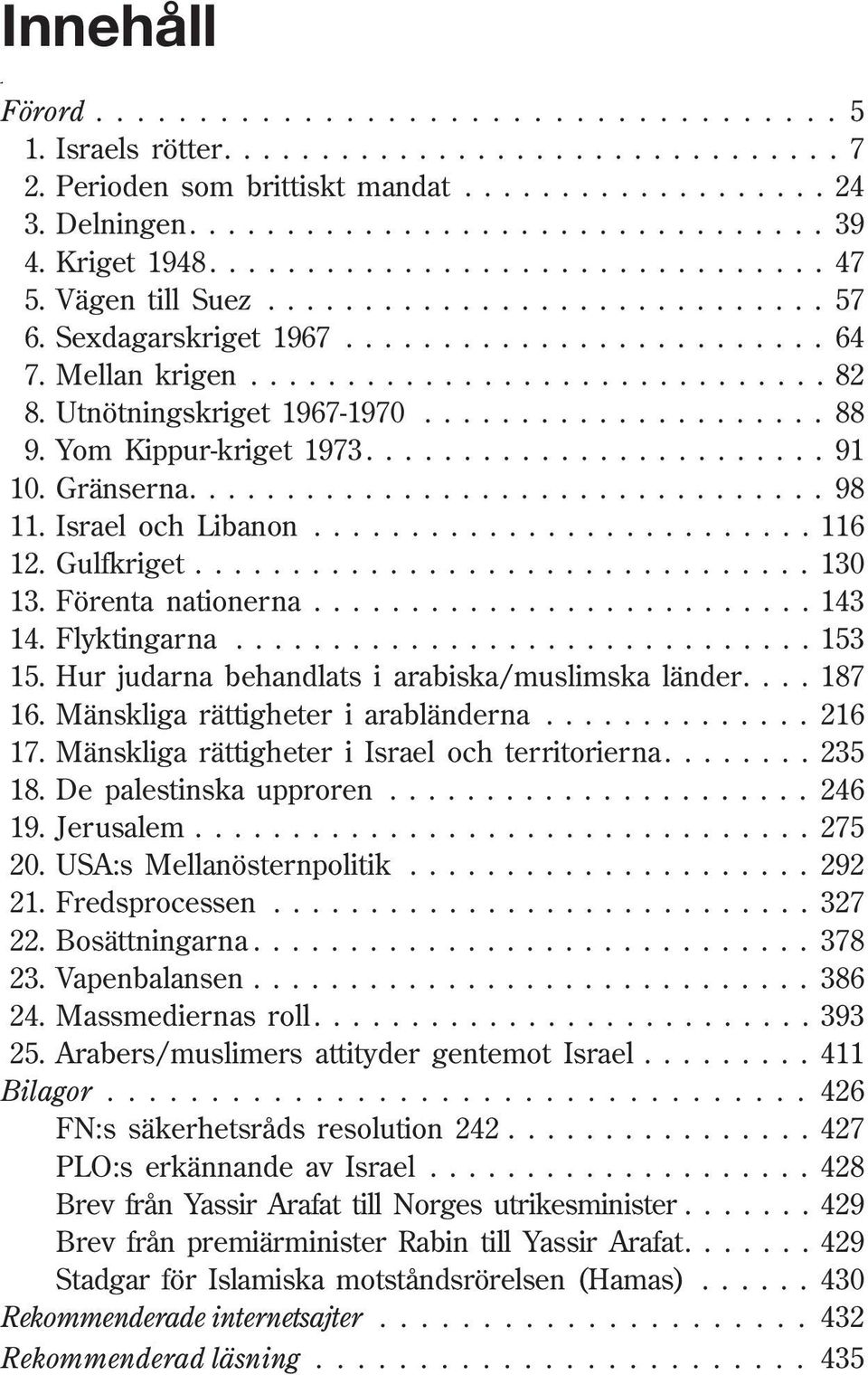 Flyktingarna... 153 15. Hur judarna behandlats i arabiska/muslimska länder.... 187 16. Mänskliga rättigheter i arabländerna... 216 17. Mänskliga rättigheter i Israel och territorierna.... 235 18.